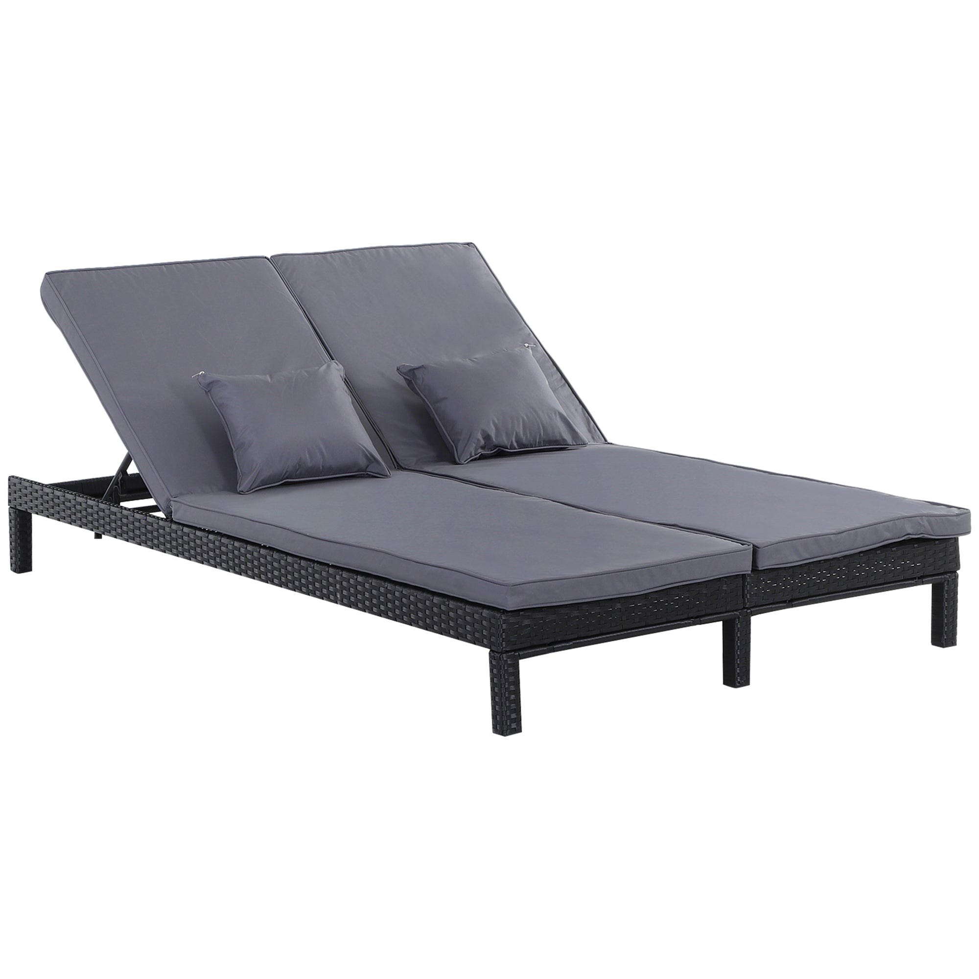 2 Seater Rattan Lounger Double Chaise with Adjustable Backrest and Cushion, Black