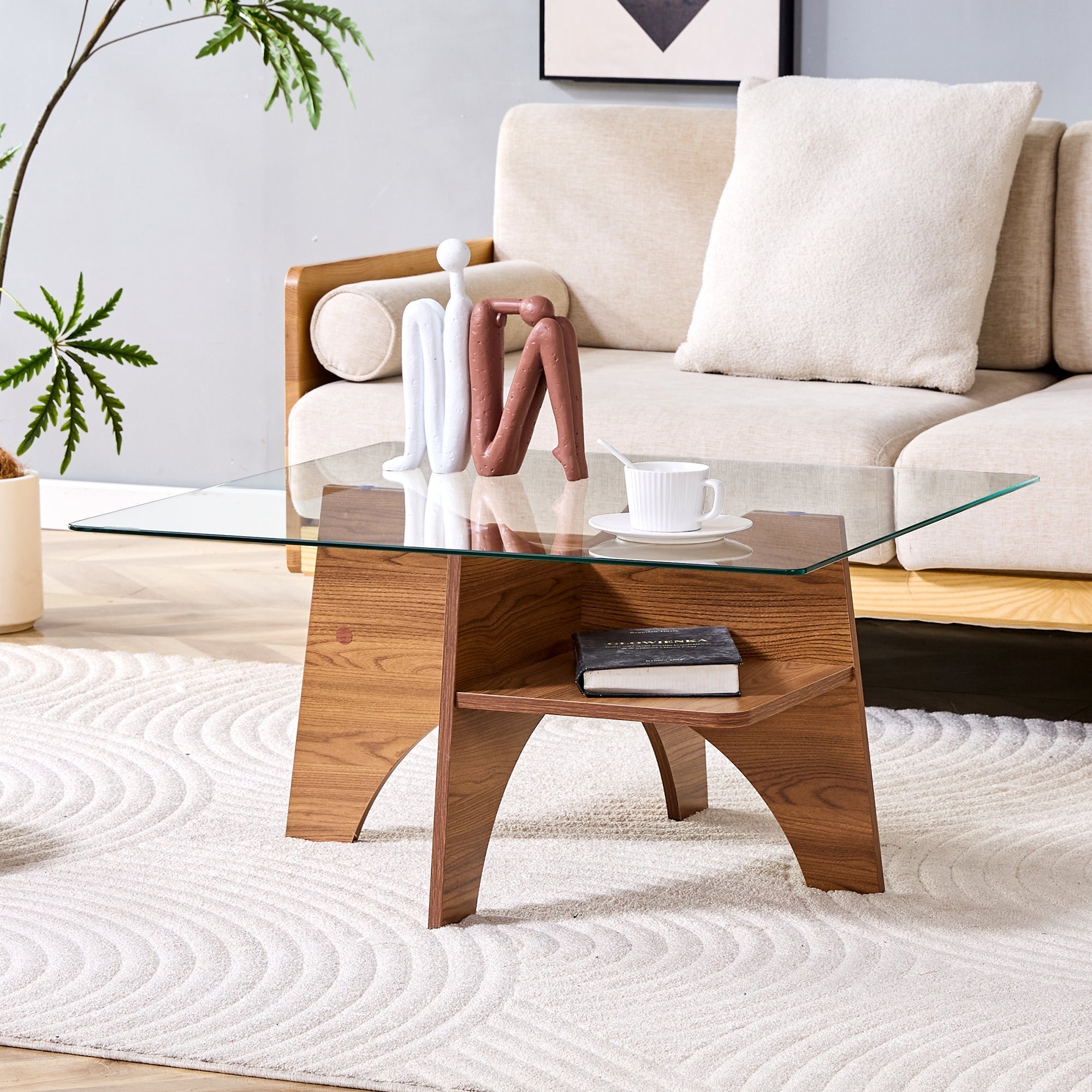 Square Side Table 80cm Tempered Glass MDF Legs - Walnut Finish