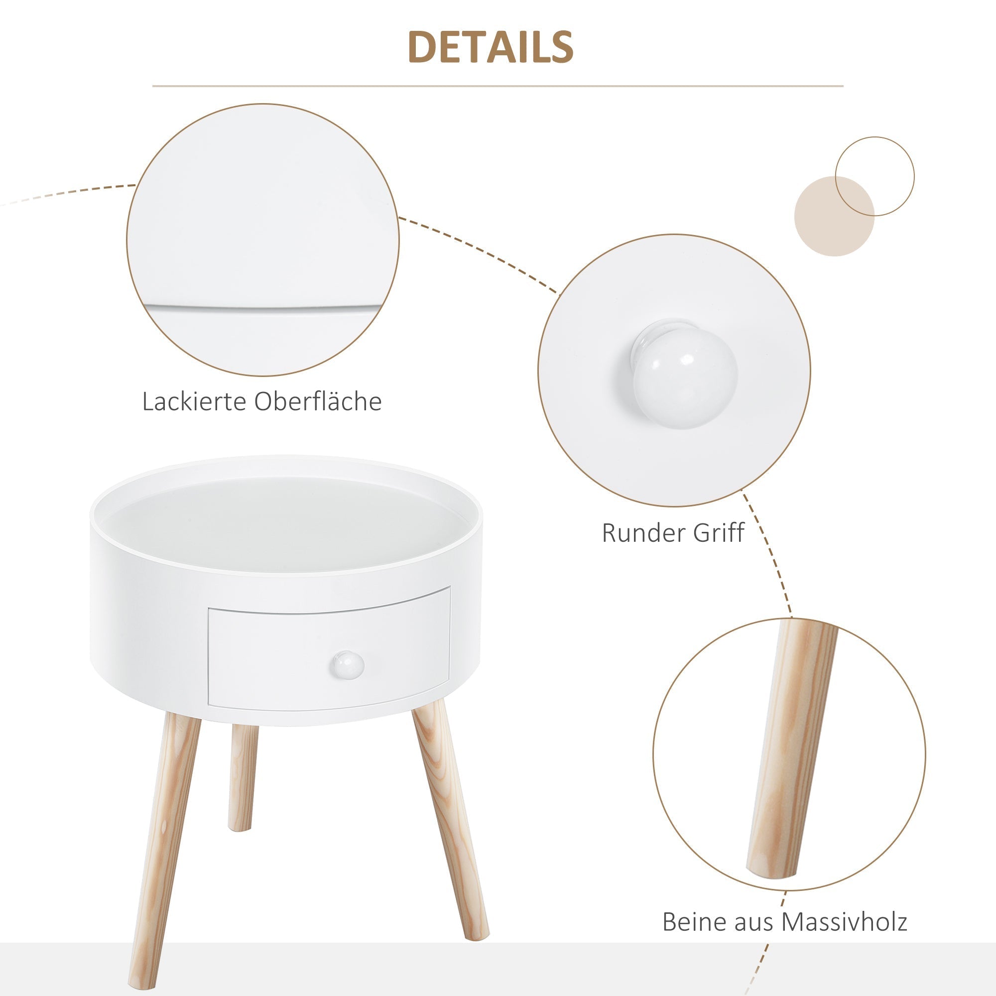 Coffee Table with Drawer, Round Side, 50 kg, White