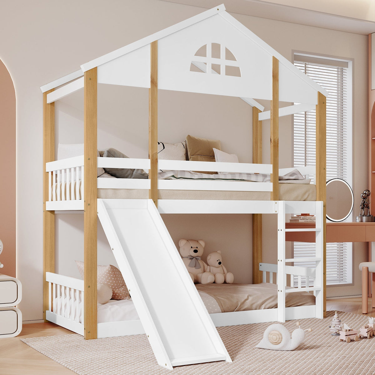 Bunk Bed with Windows, Slide, Safety Railings, 90x200cm, Solid Wood, White/Natural