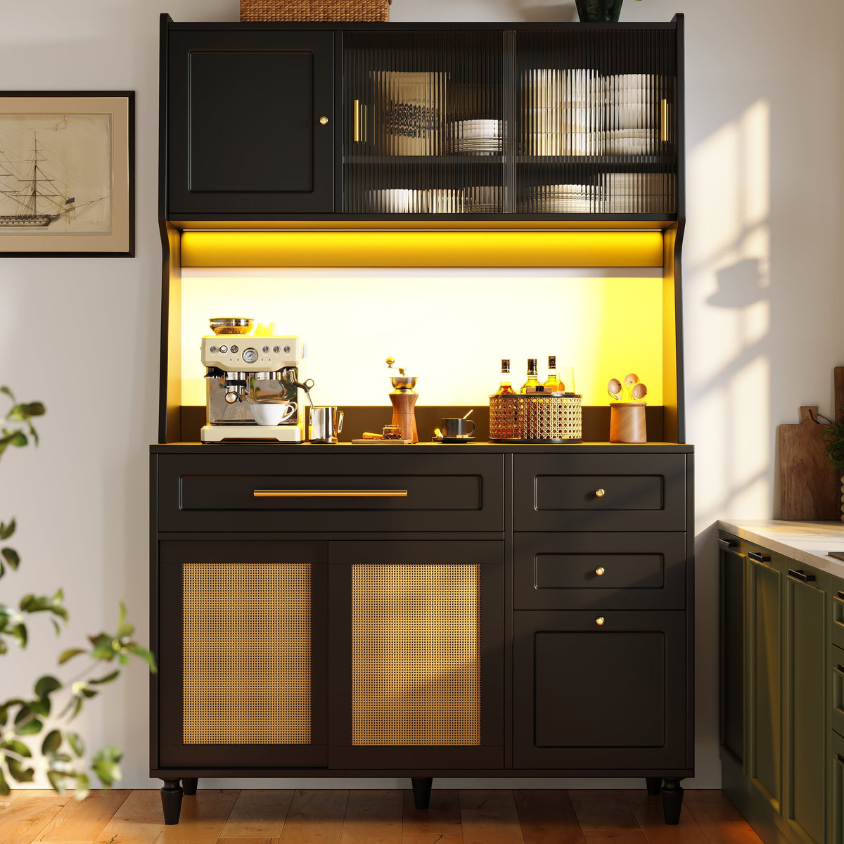 Tall Cabinet Buffet Display LED Rattan 3 Drawers - Black