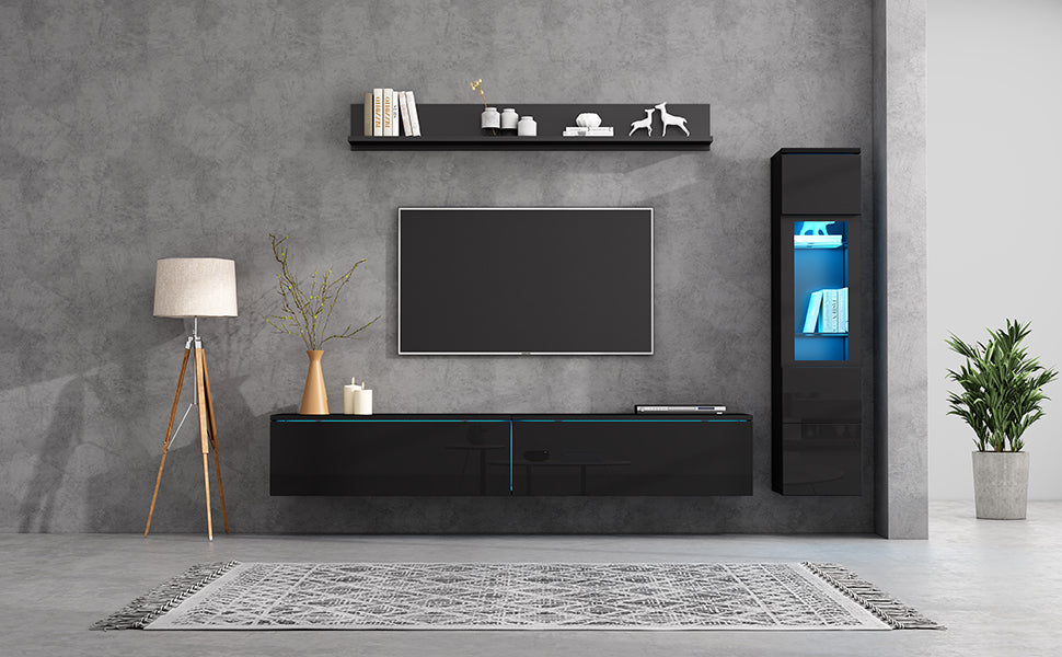 3-Piece TV Wall Unit Set High-Gloss LED Display Cabinet & Shelf Black