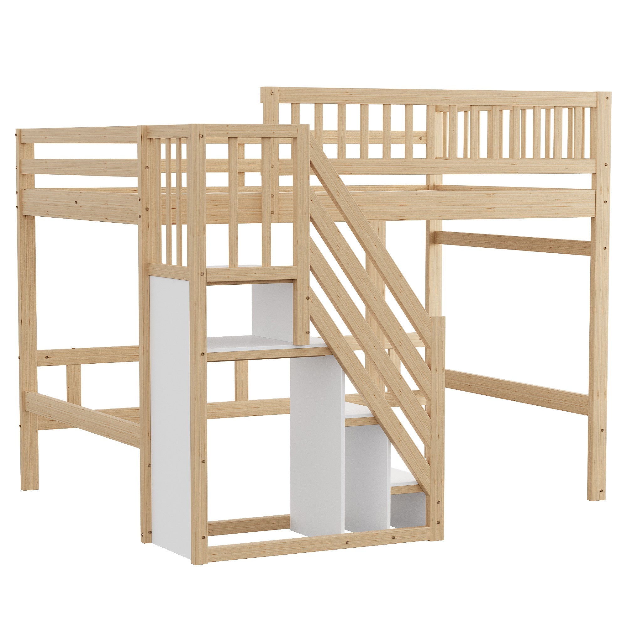 Solid Wood Bed, 140x200 with Storage Stairs & High Railing, Wood Color