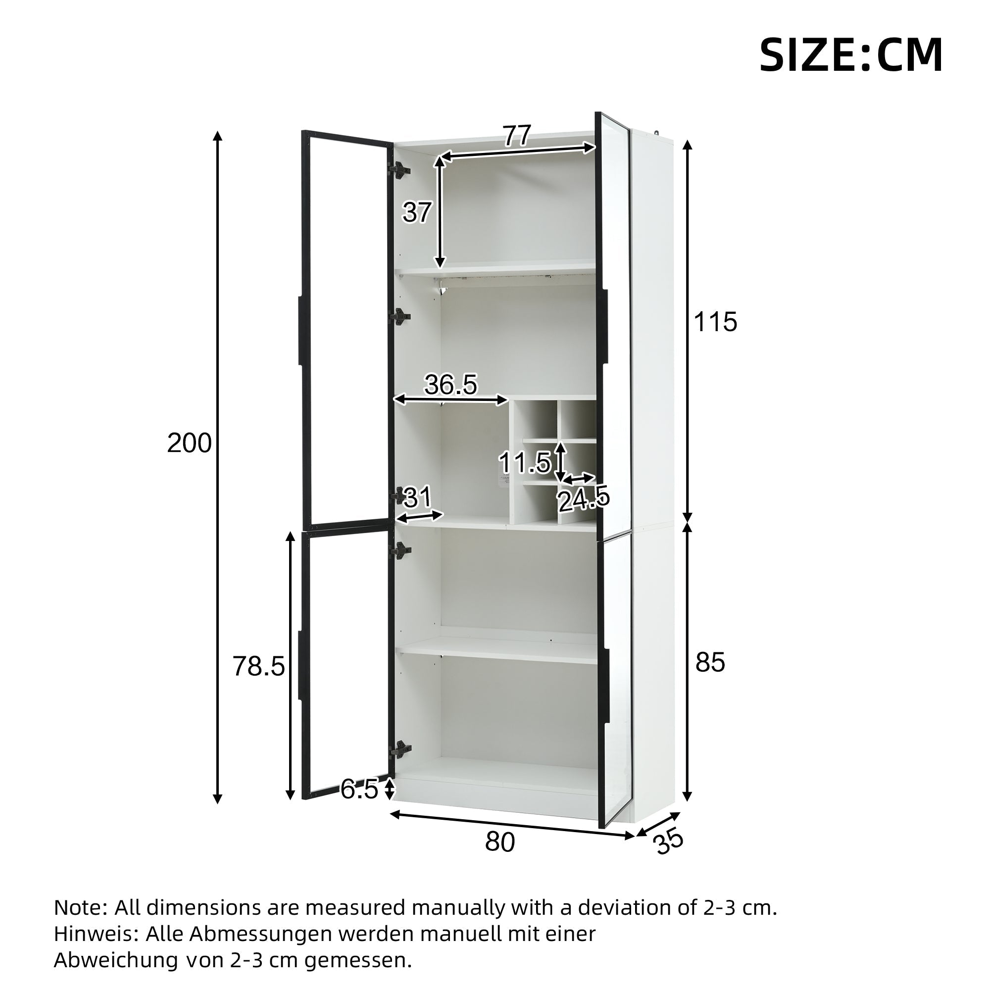 Display Cabinet 80x35x200cm Tall Cabinet Bookcase Wine Rack with Double Doors, Glass/LED