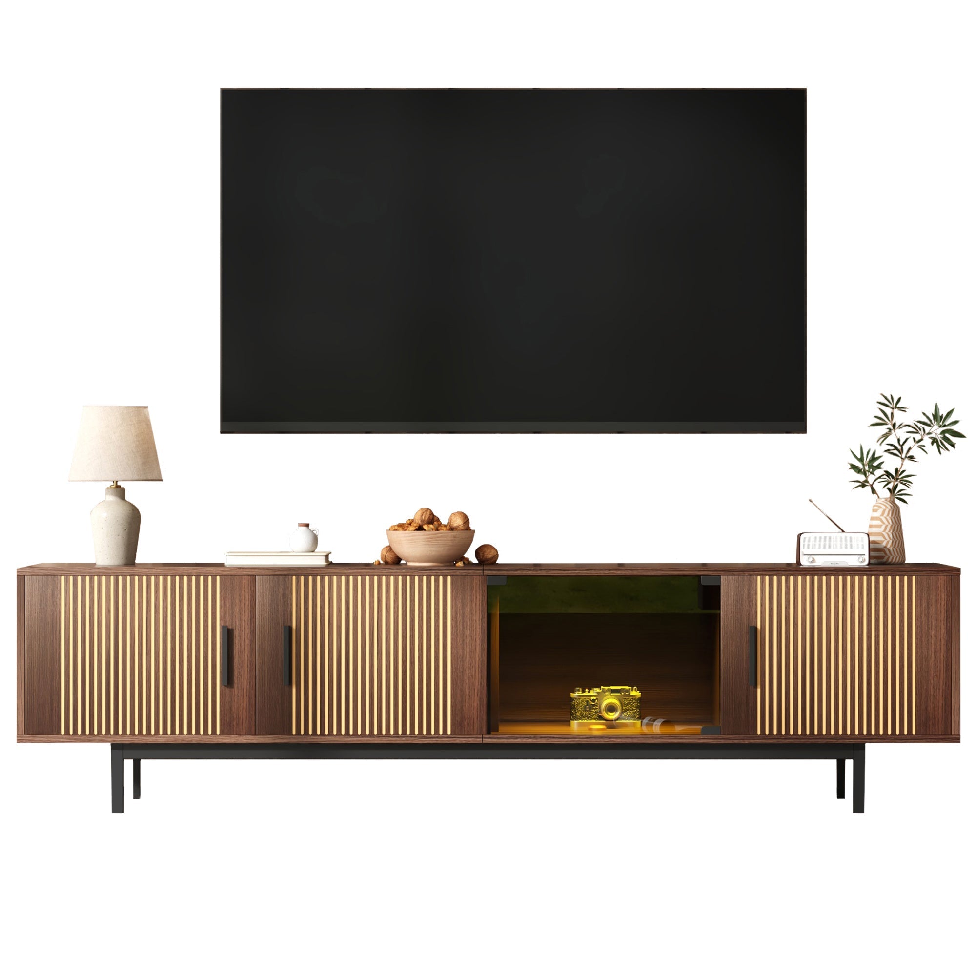 TV Cabinet, Carved Texture LED Lowboard with Tempered Glass, Black and Wood