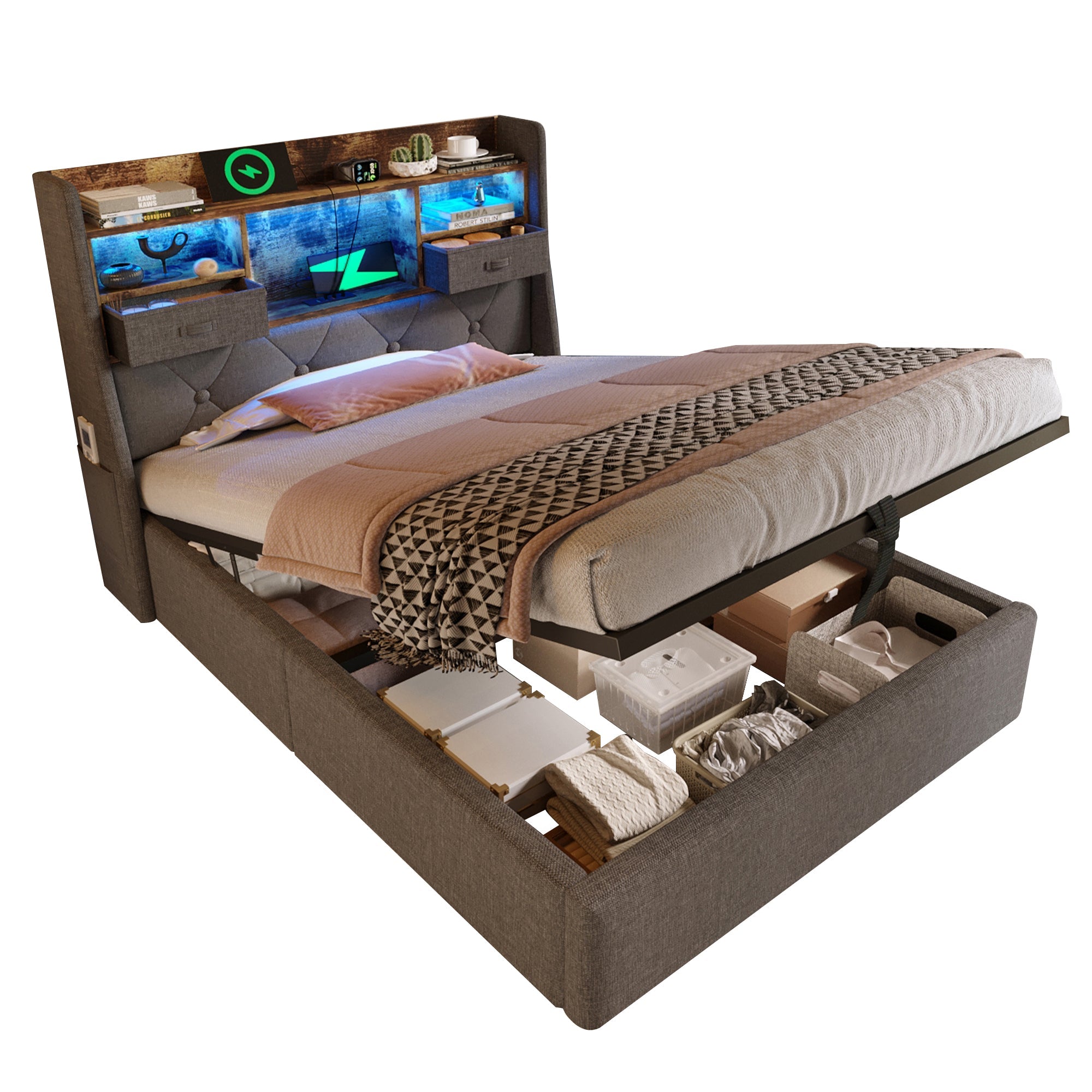 Upholstered Single Bed 90x200cm Hydraulic Storage LED Headboard USB/Type-C Charging, Grey Linen Fabric