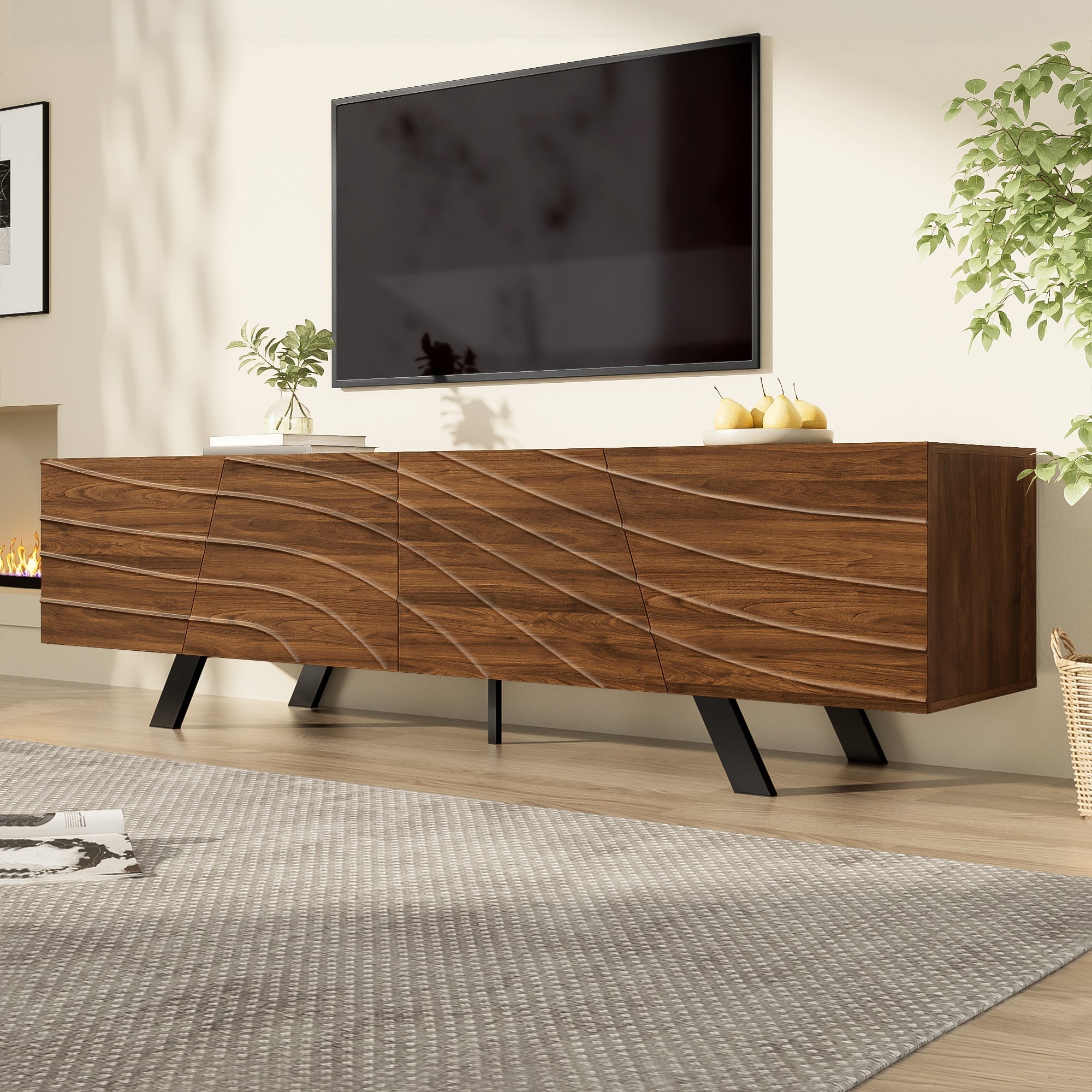 TV Cabinet Lowboard Modern Wave Front 160cm Large Storage Walnut/Black
