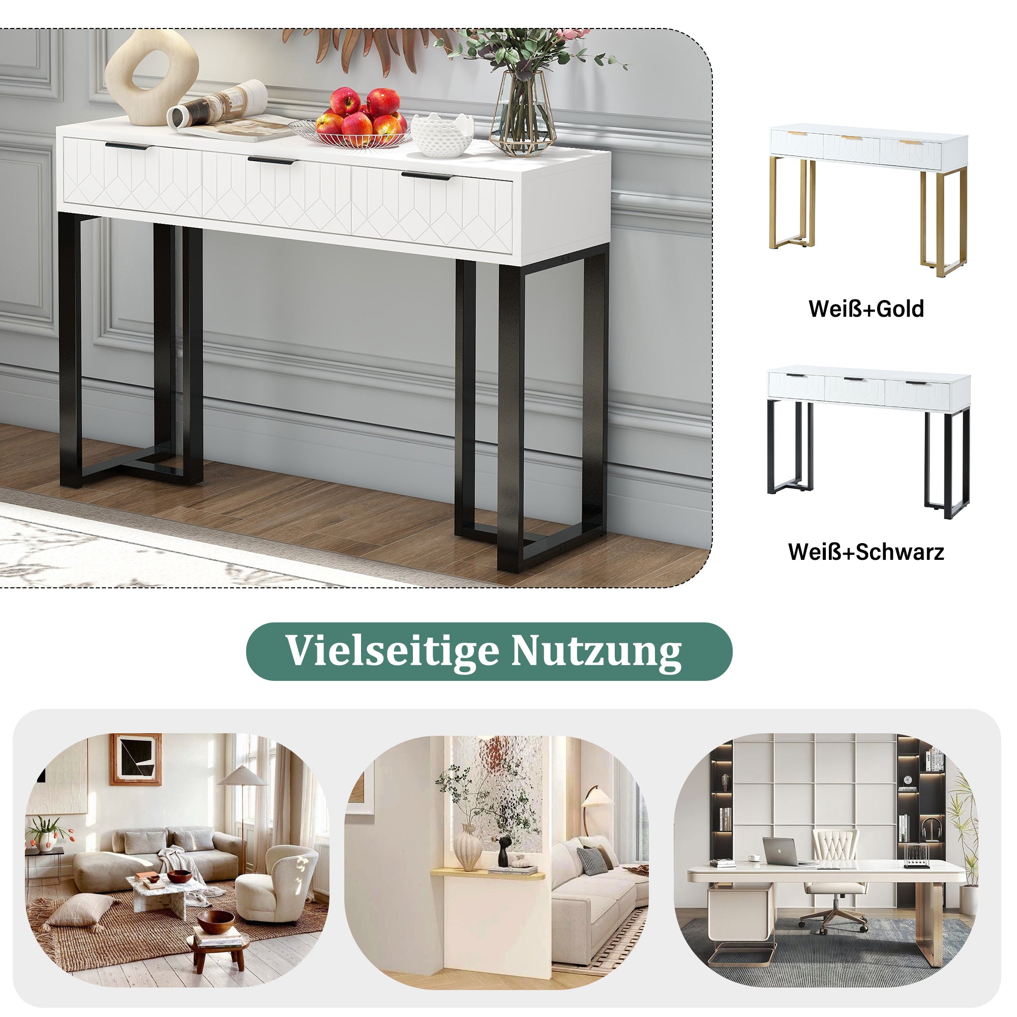 Modern Console Table with Drawers, Gold Frame, Adjustable Foot Pads, Elegant Handles (White+Black)