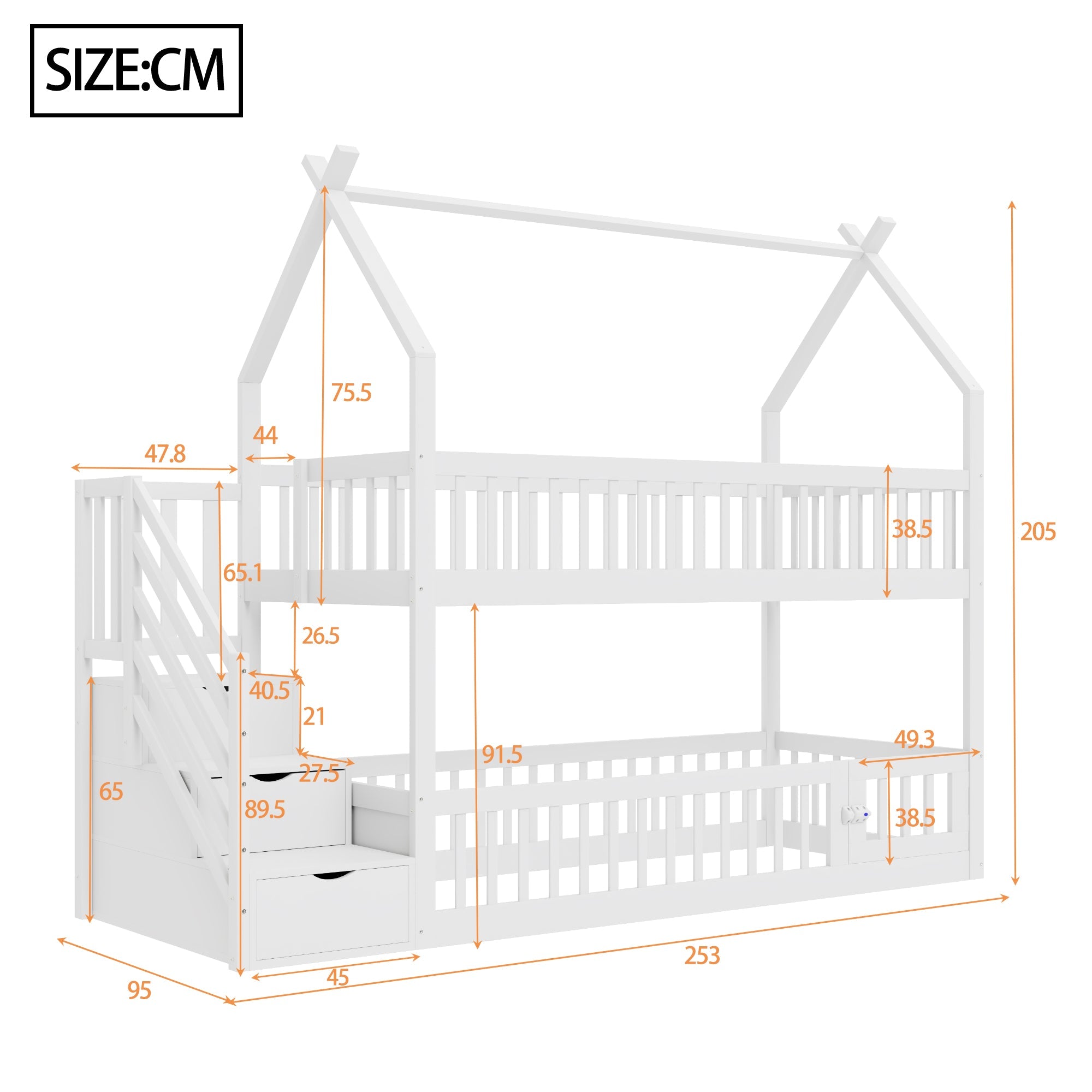 Children's Bunk Bed, 90x200, with Roof, Safety Ladder & Storage Drawers, Solid Wood White
