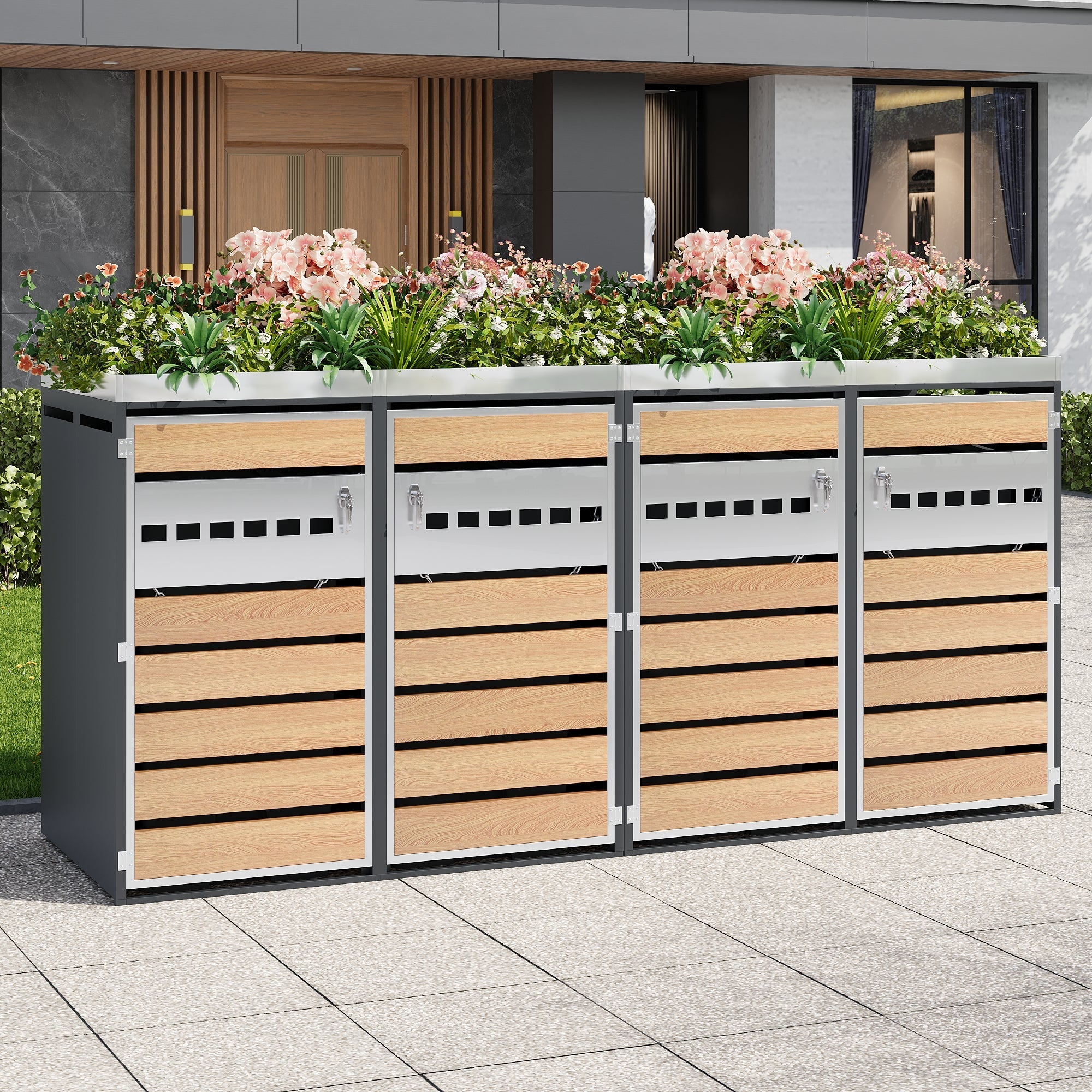 Garbage Can Enclosure with Diamond Ventilation and Four Lockable Doors, Planting Area, Steel