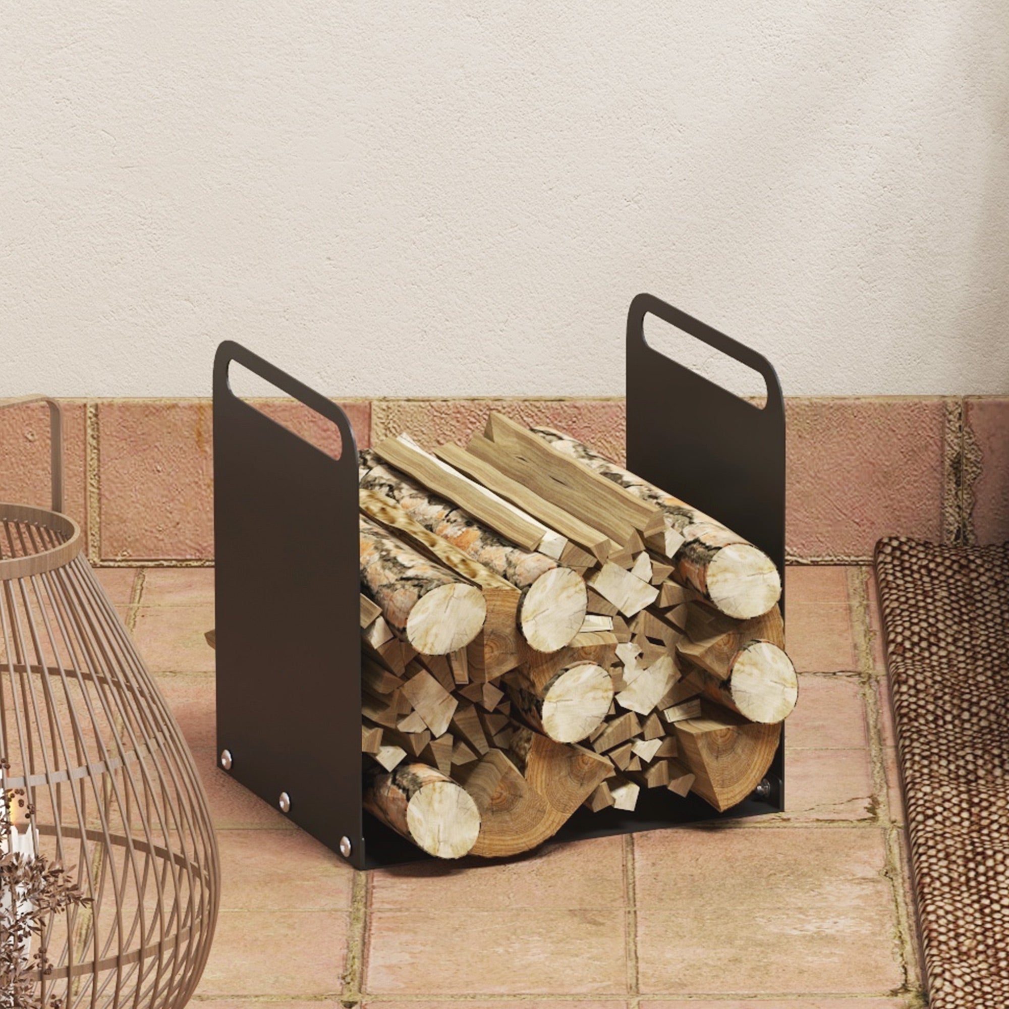 Firewood Rack 36.5x30x36cm with Handles, Indoor/Outdoor, 30kg, Black Steel