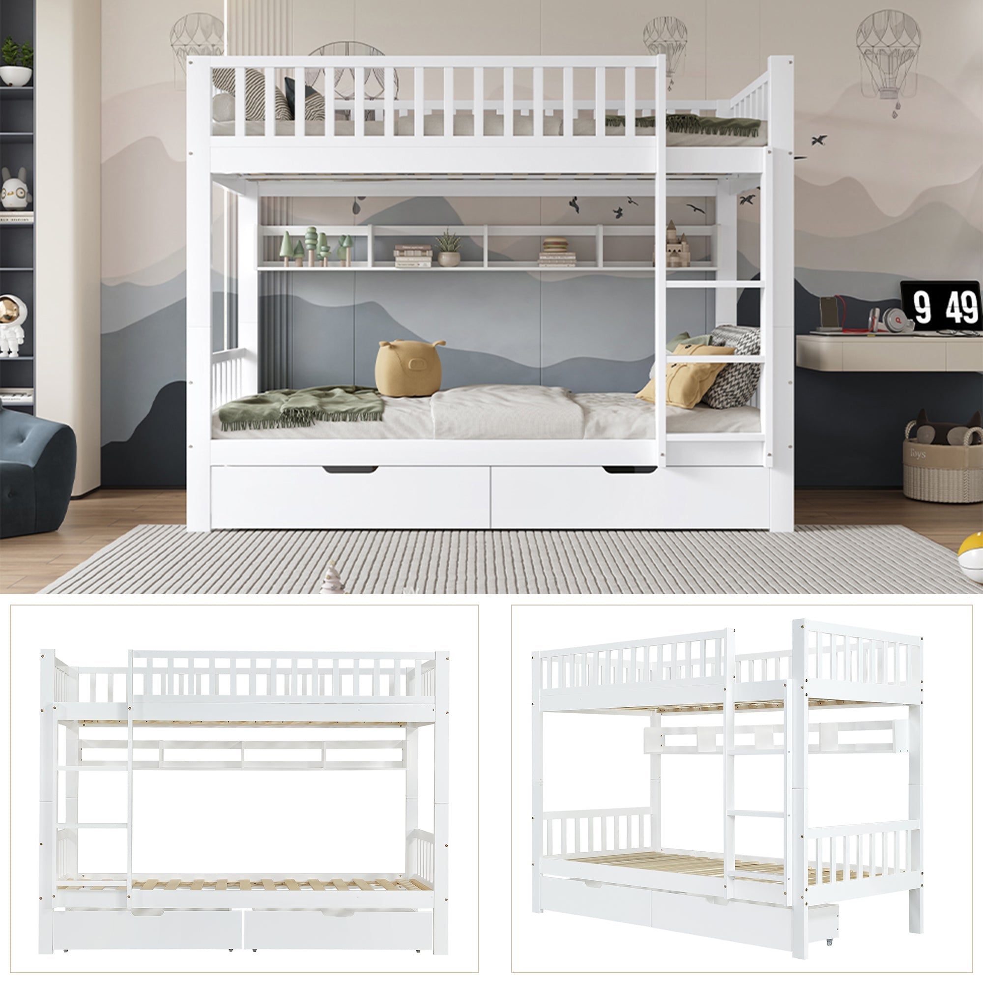 [31911901WAA] Bunk Bed Safety Rail Storage Ladder 90x200cm Pine Wood White