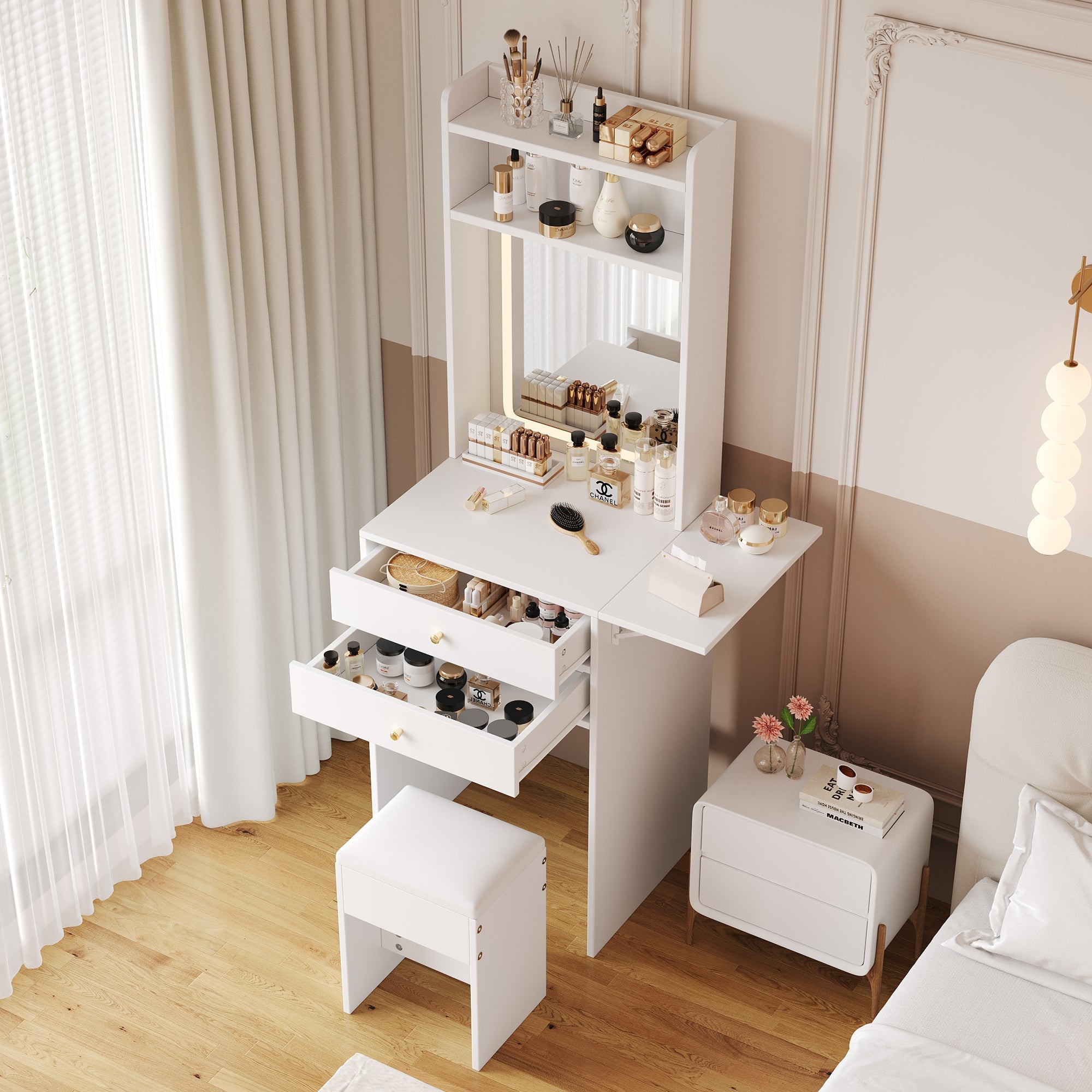 Small dressing table with adjustable LED lighting, stool, 2 drawers, 2 open compartments, and 22cm foldable tabletop, white
