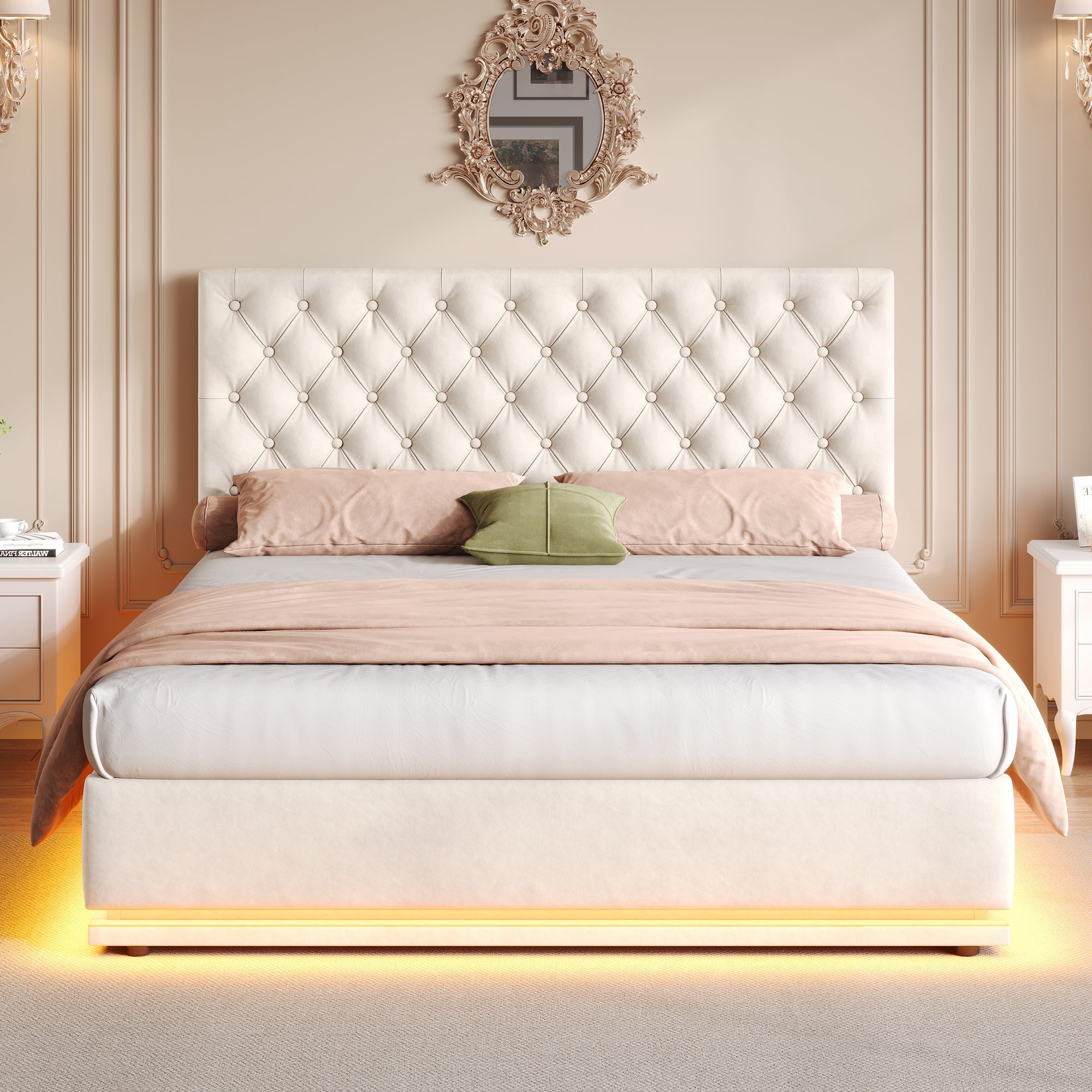 Double Ottoman Bed with LED, Hydraulic Storage, Adjustable Headboard, Velvet Beige