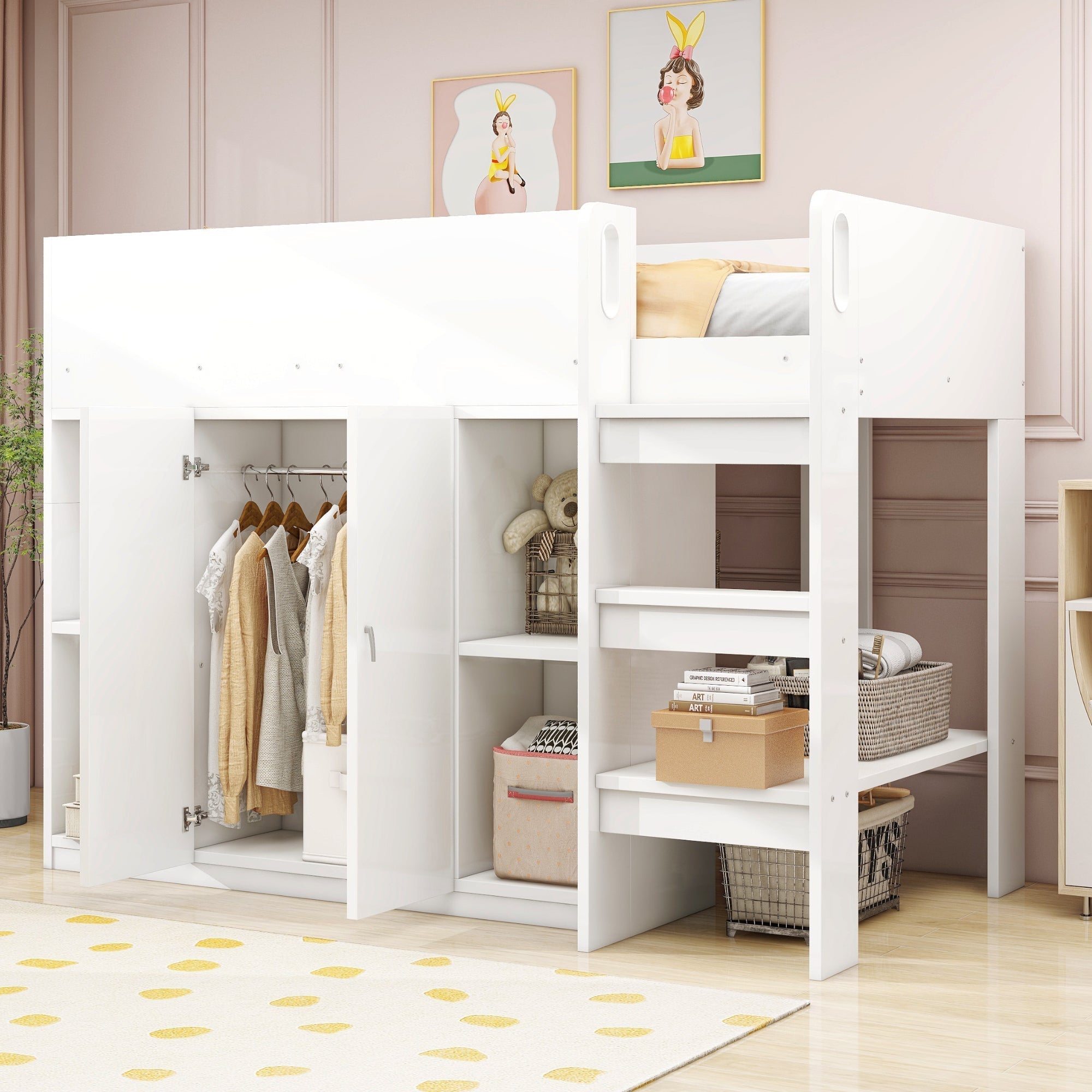 Loft Bed 90*200, Storage, Wardrobe, Shelves, Ladder, White