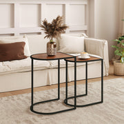 Set of 2 Coffee Tables, Square Stackable Side Tables, Steel, Brown + Black
