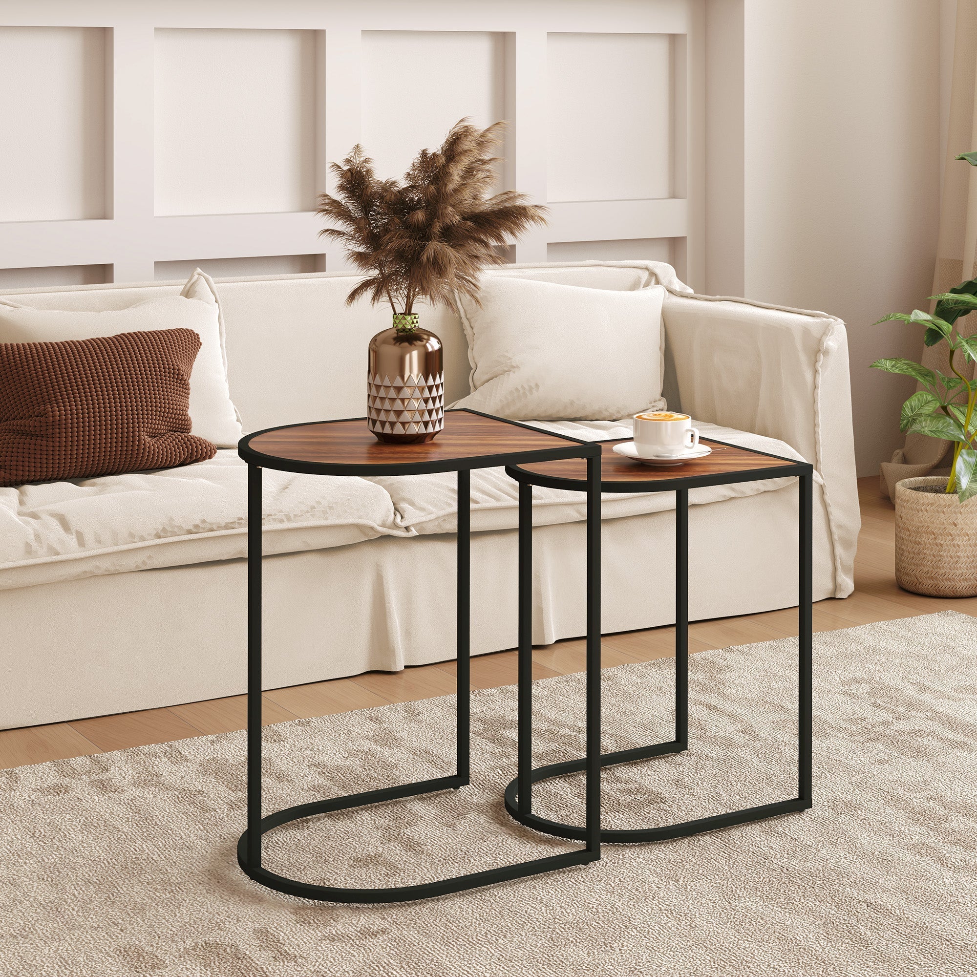 Set of 2 Coffee Tables, Square Stackable Side Tables, Steel, Brown + Black