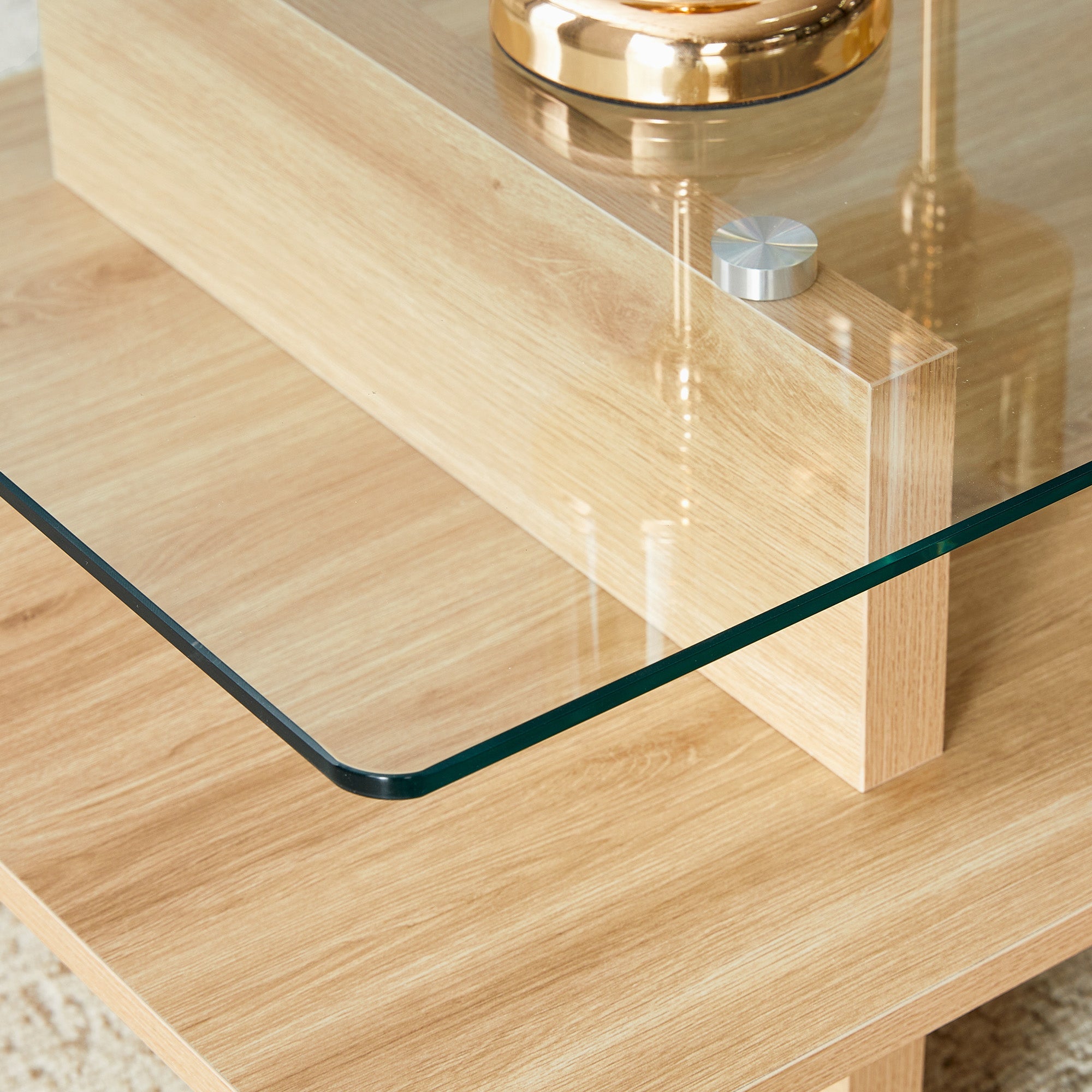 Two-Layer Coffee Table with Tempered Glass and Sturdy MDF Frame, Natural Wood Finish
