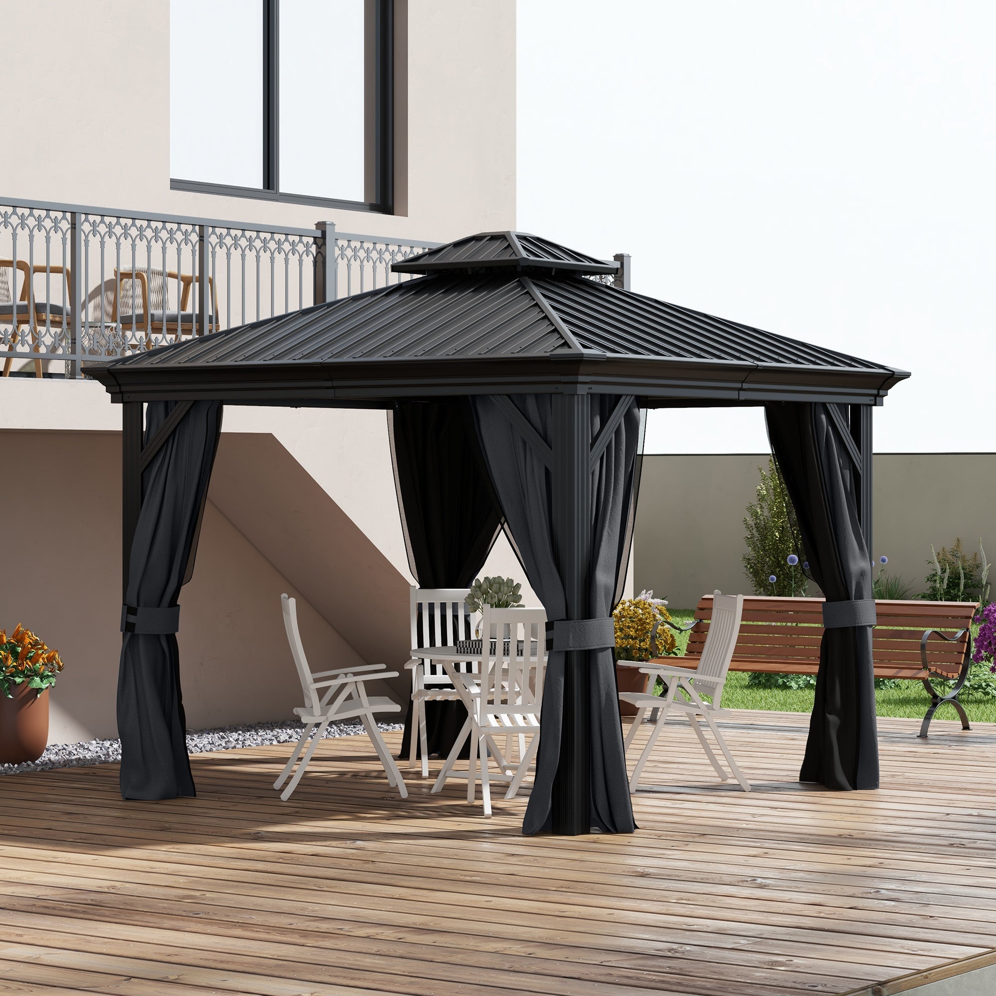 Aluminium Hardtop Gazebo 3.65 x 3m with Accessories - Dark Grey