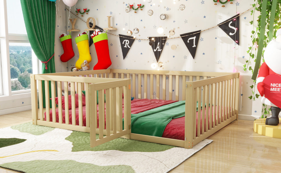 Children's bed 140x200 wooden floor bed frame with fence and door, wood color