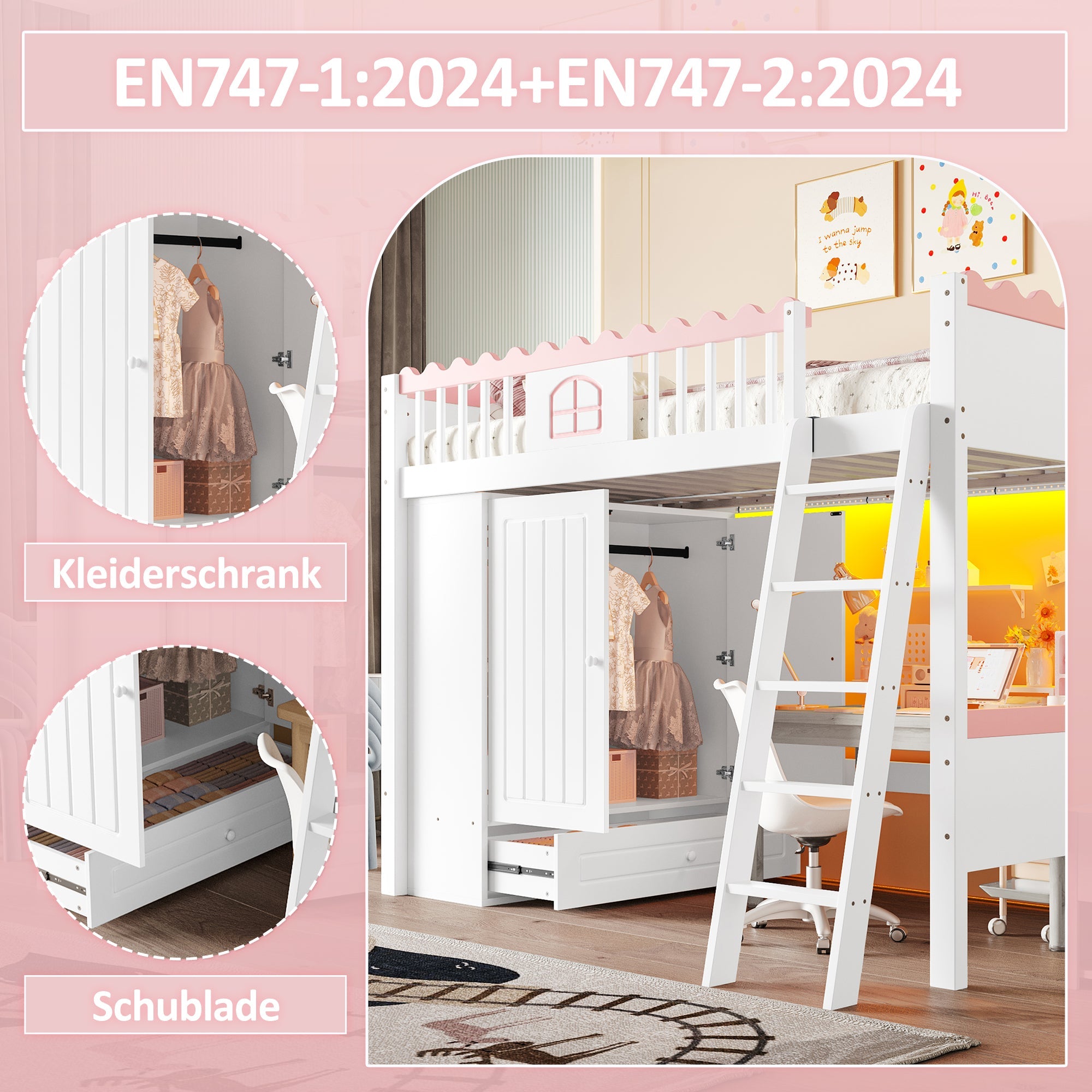 Loft Bed 90x200cm Single Storage Wardrobe LED - White Pine Wood