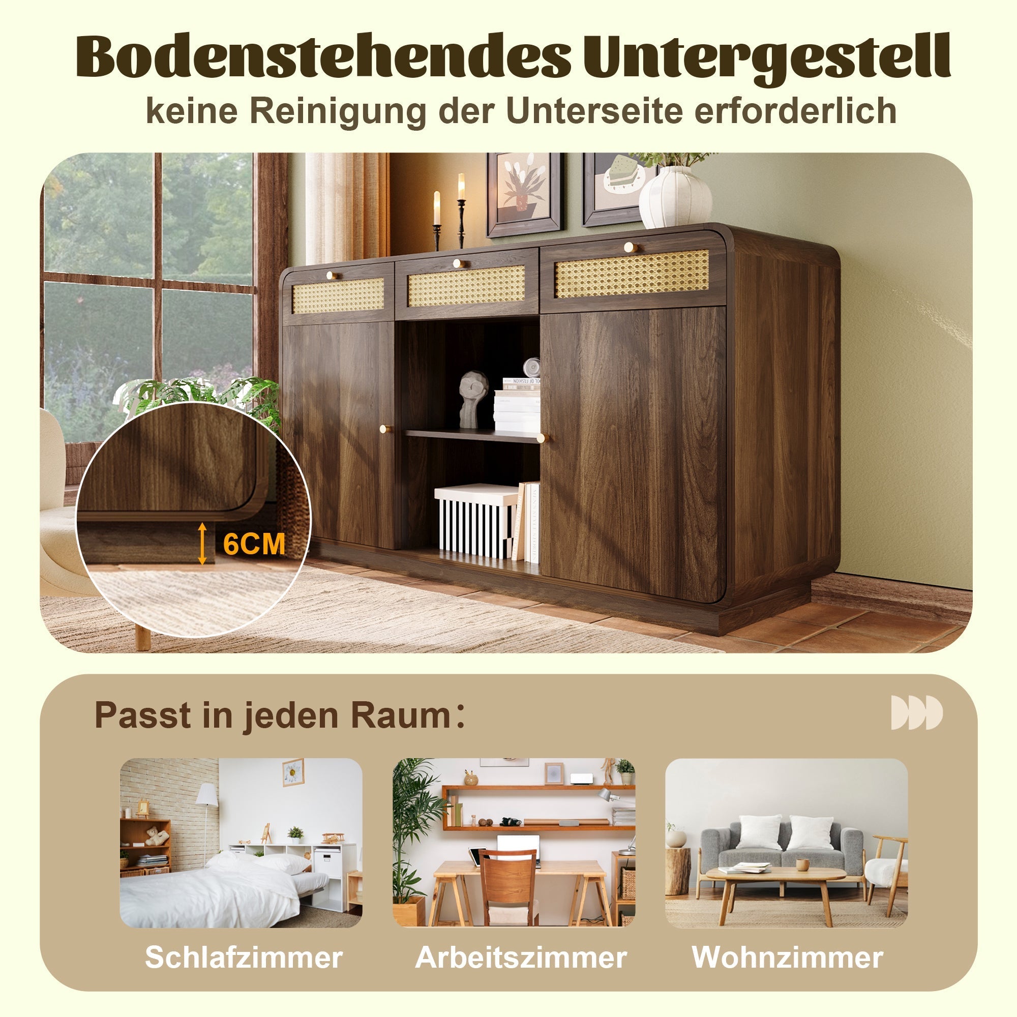 Chest of drawers/sideboard, 3 Drawers 2 Cabinets Rattan Gold Handles, 120cm Walnut