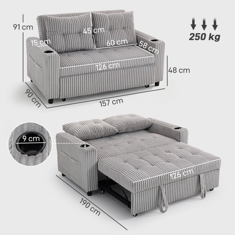 2 Seater Click Clack Sofa Bed, Pull Out Design, Light Grey Corduroy