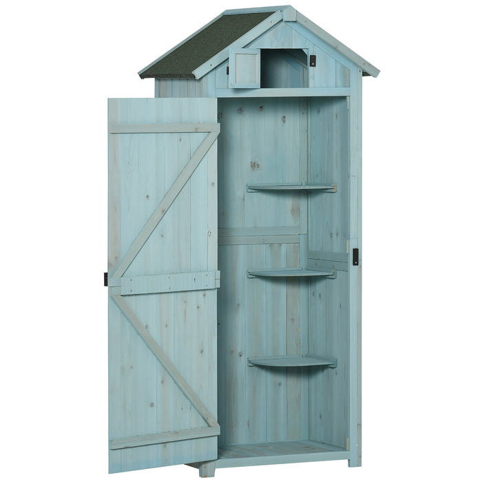garden cabinet tool shed with shelves and windows, wood in light blue and green