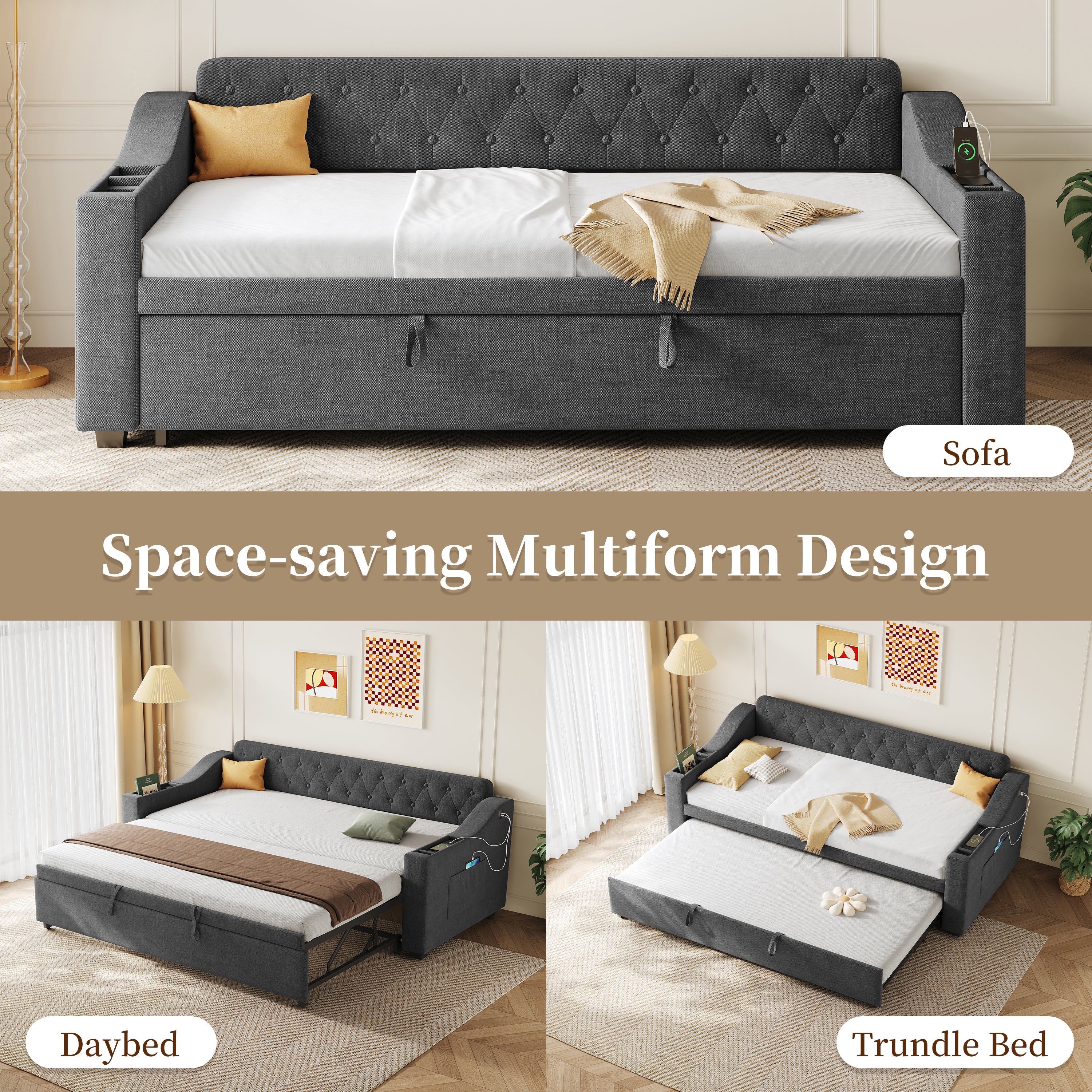 Upholstered Daybed Sofa with Trundle, Charging Station and Armrest Storage, Linen Grey