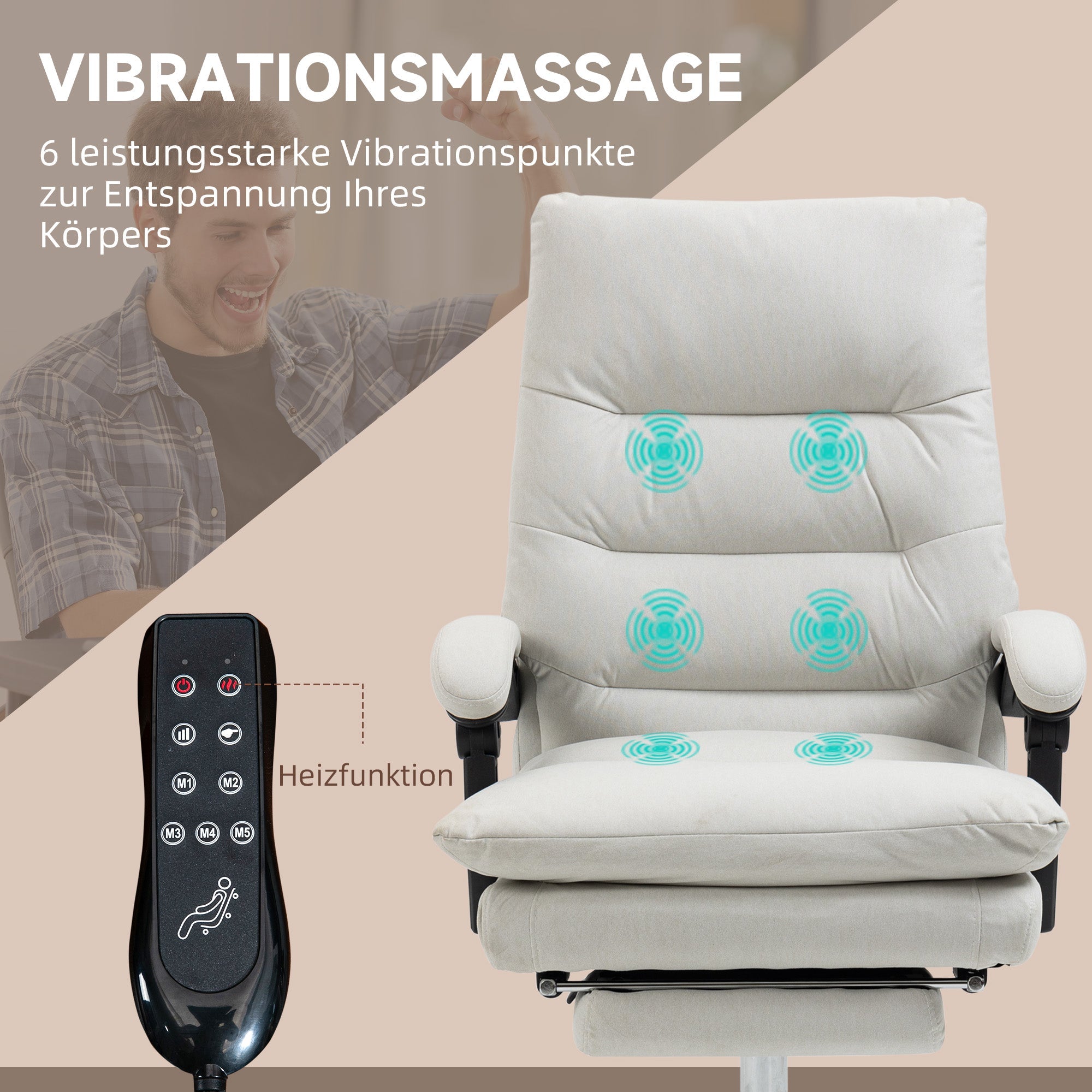 Vinsetto Office Chair, Massage, 135° Tilt, Height Adjustable, 120 kg Load, Artificial Leather, Cream White