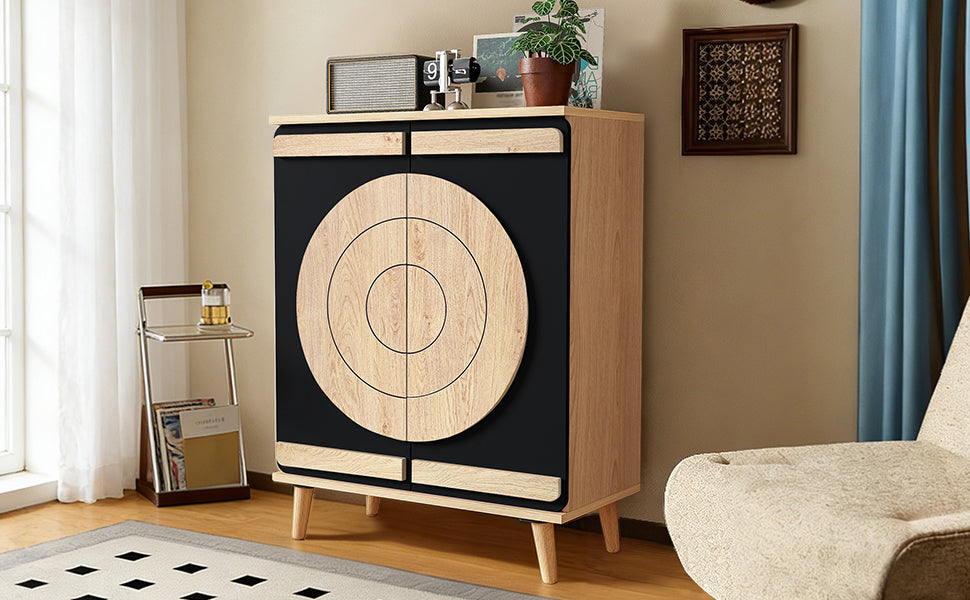 Modern Shoe Cabinet with Geometric Doors and Multi-Level Storage, Black and Natural Wood
