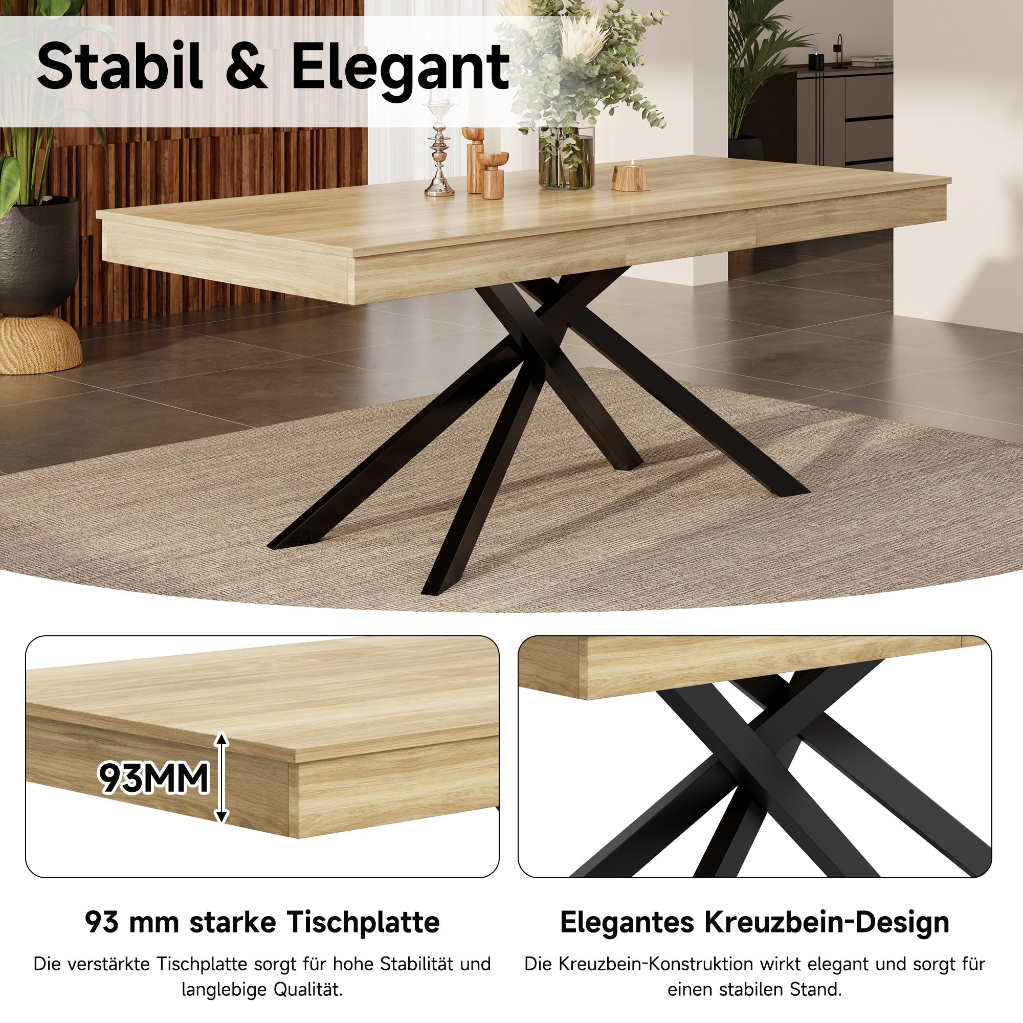 Extendable Dining Table 140/180x80cm 6-8 Person Metal Legs Oak Color