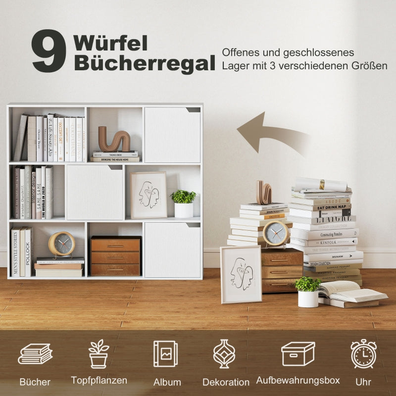 Bookshelf 9 Cube Compartments 3 Doors 6 Open Shelves - White