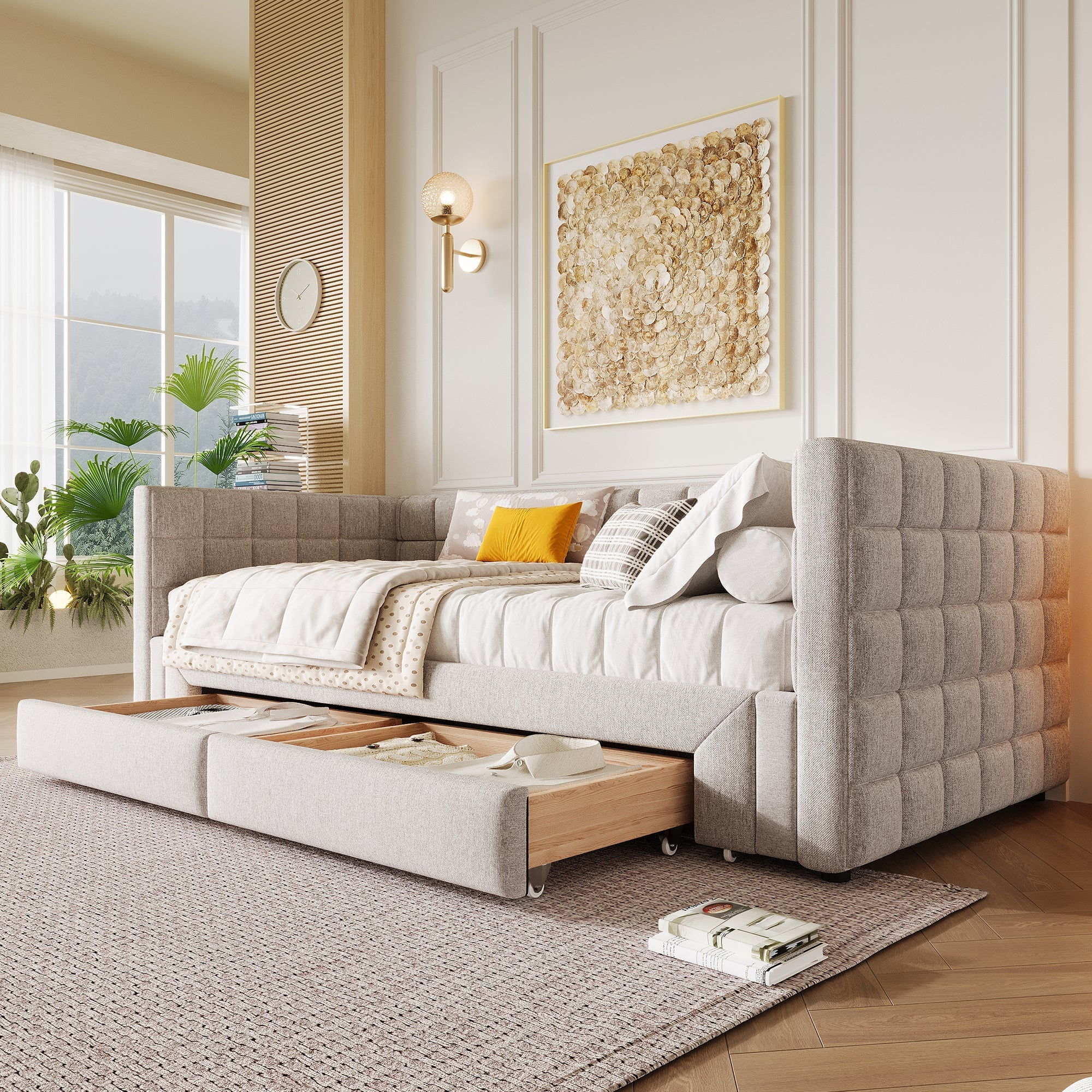 Daybed with Extendable Frame and 2 Storage Drawers, Beige Samt and MDF