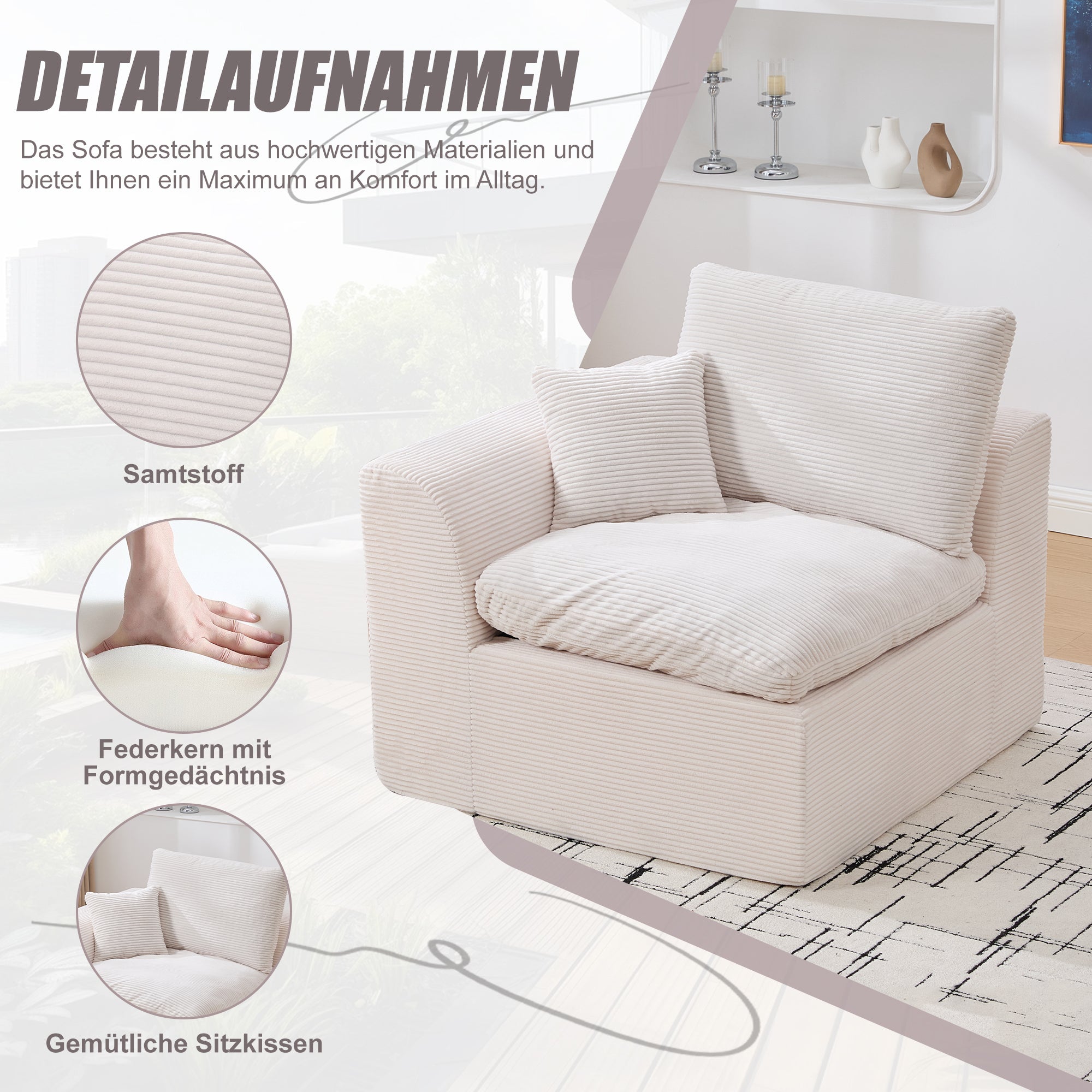 Single Sofa Modern Minimalist Armchair with Cushion - Fabric