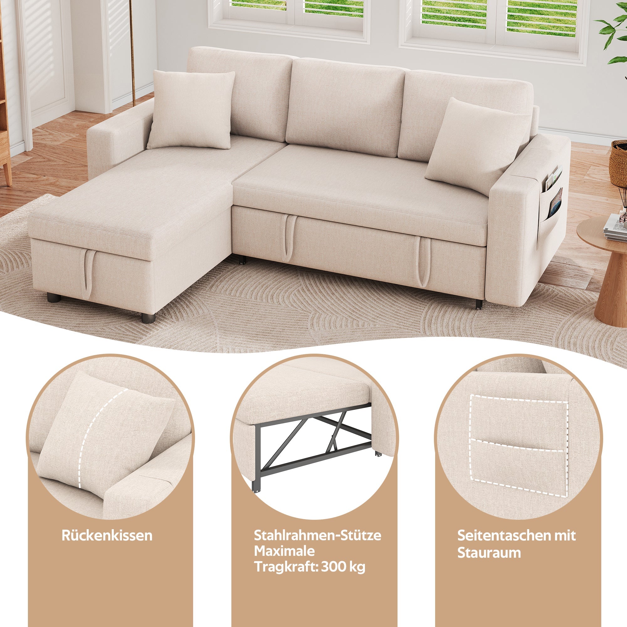 Sofa Bed L-Shaped Chaise Storage Reversible Beige