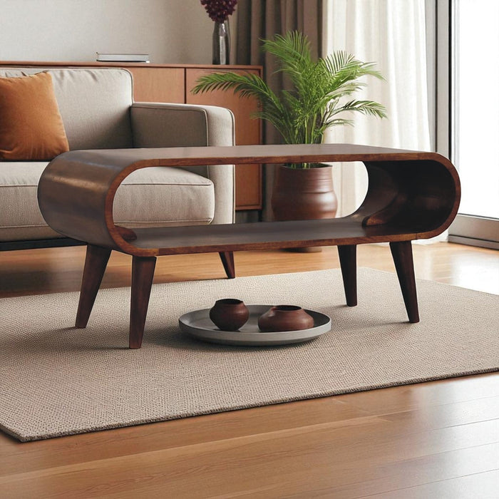 Amaya Nordic Style Coffee Table with Open Slot Storage, Solid Wood Dark Brown