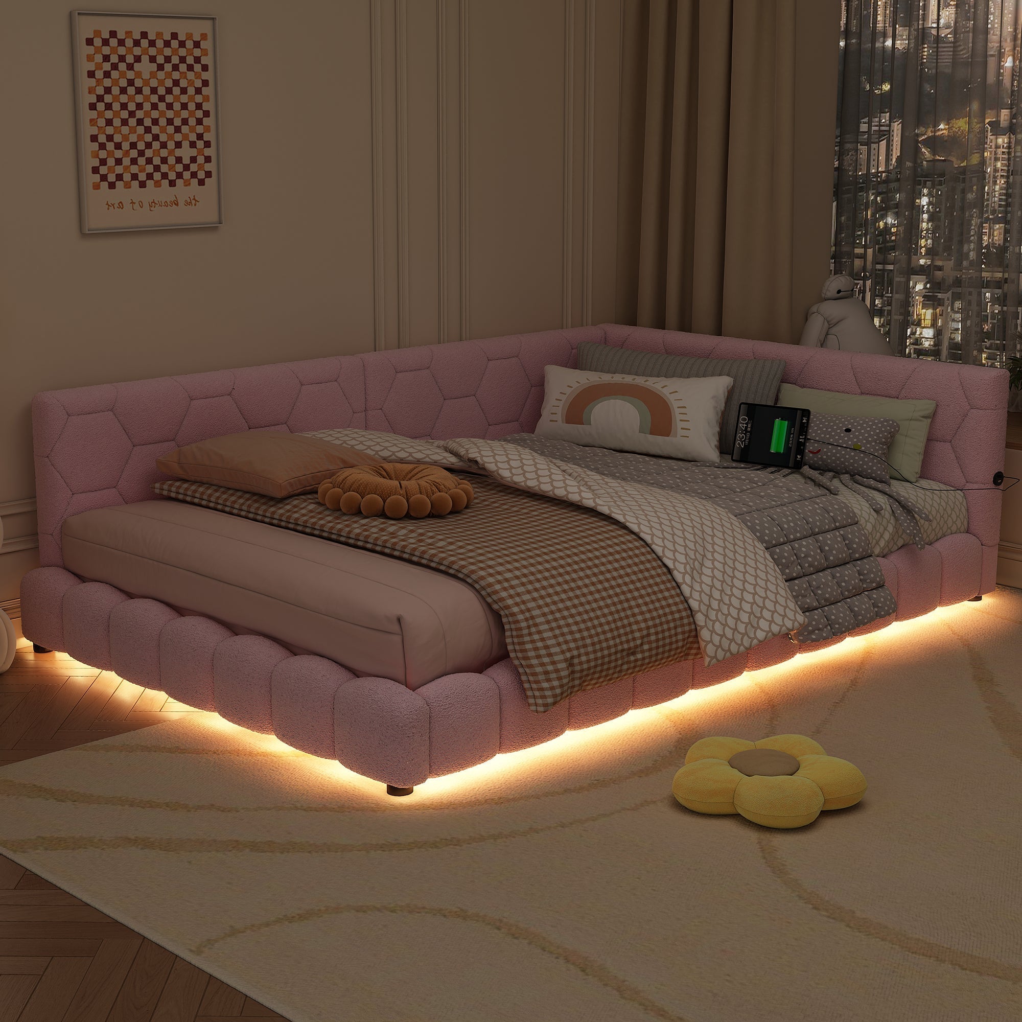 Daybed Sofa Bed 140x200cm Ambient Light USB/Type-C - Pink Faux Fleece