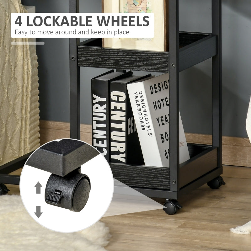 Industrial Mobile Side Table, C-Shaped, 3-Tier Storage, Rolling, Steel Frame - Brown
