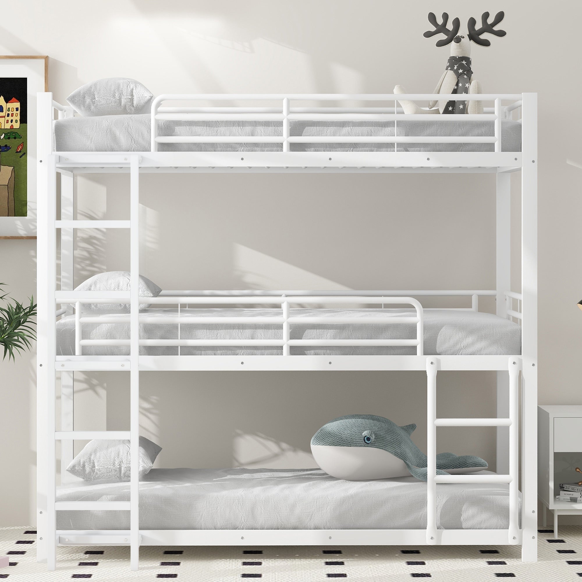 Triple Bunk Bed Frame for Children and Adults, 90x200cm Metal, White