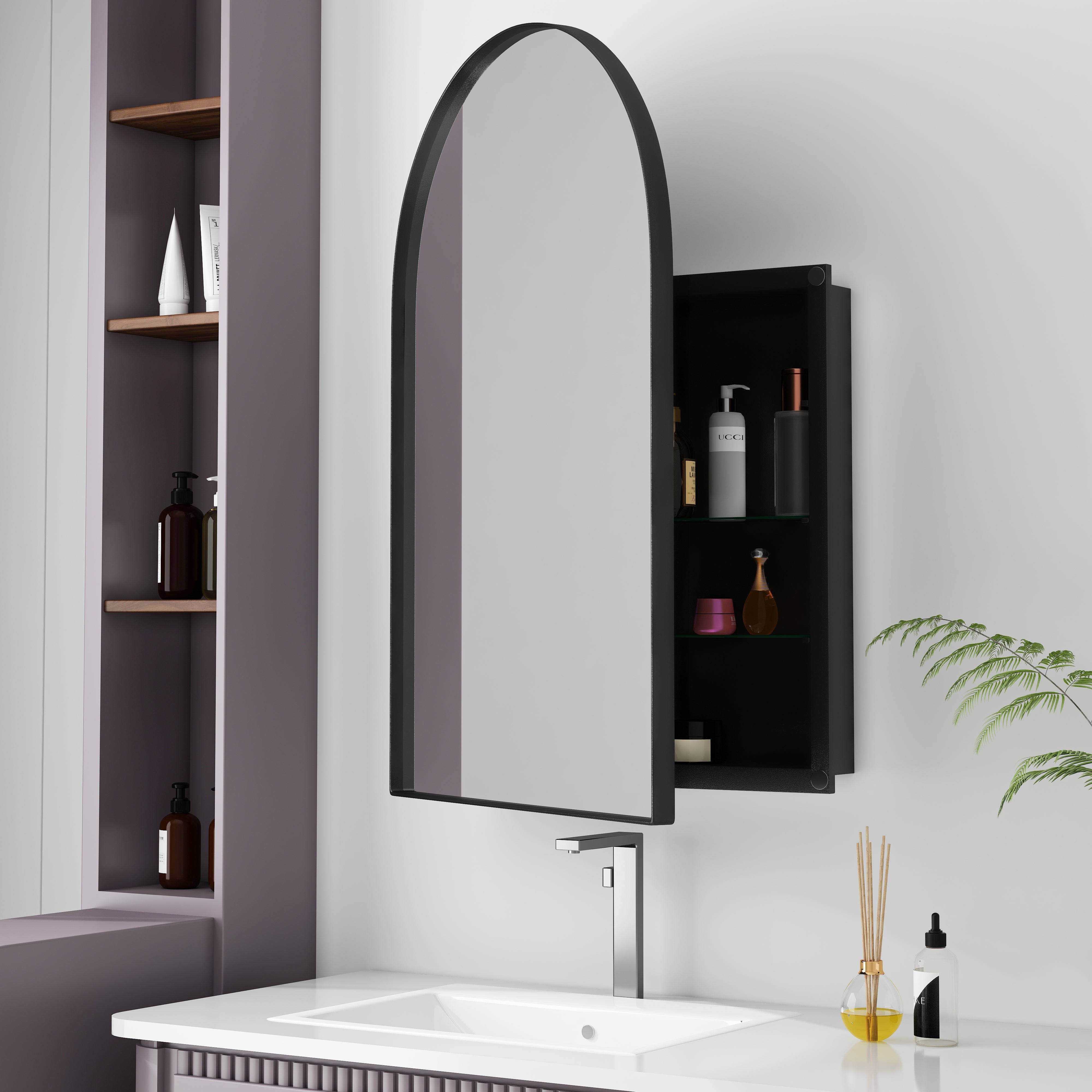 Arched Mirror Cabinet, Recessed Medicine Wall Storage, Black Metal Framed
