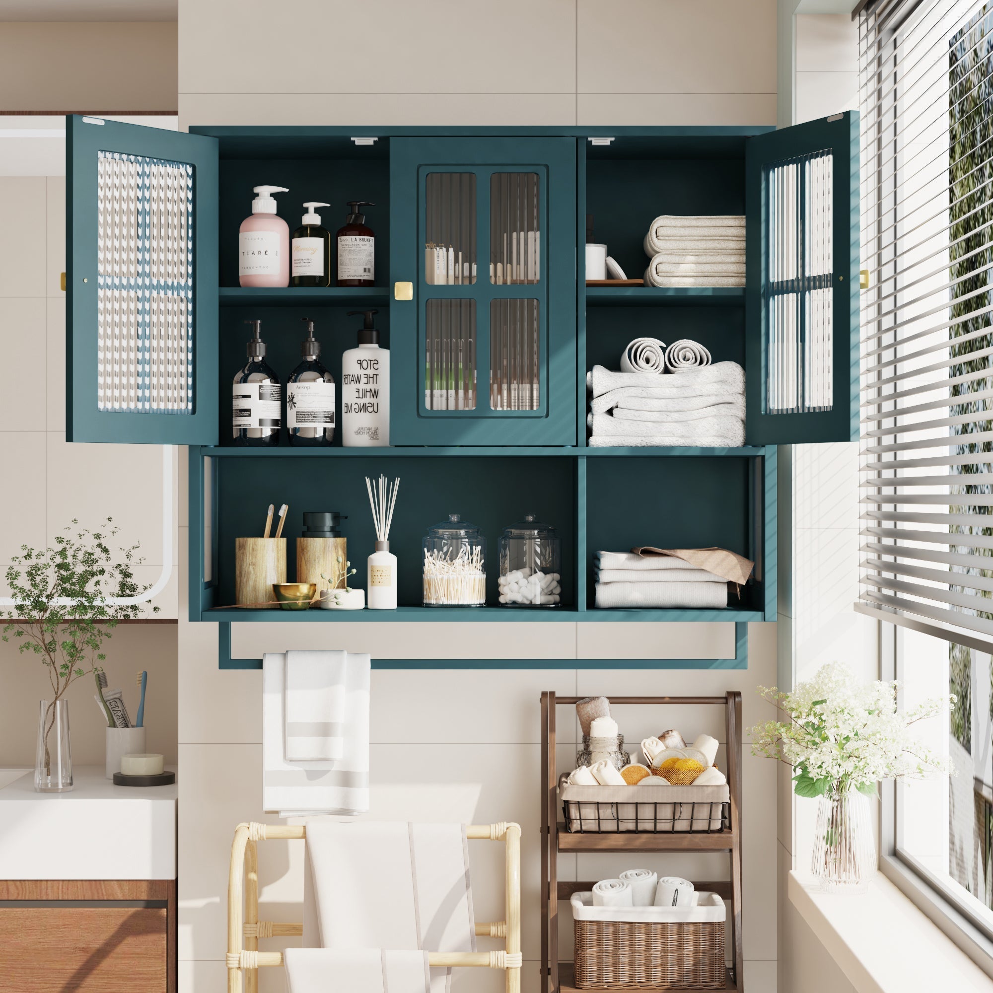Bathroom Wall Cabinet 3-Door Wooden Glass Door Towel Bar - Dark Green