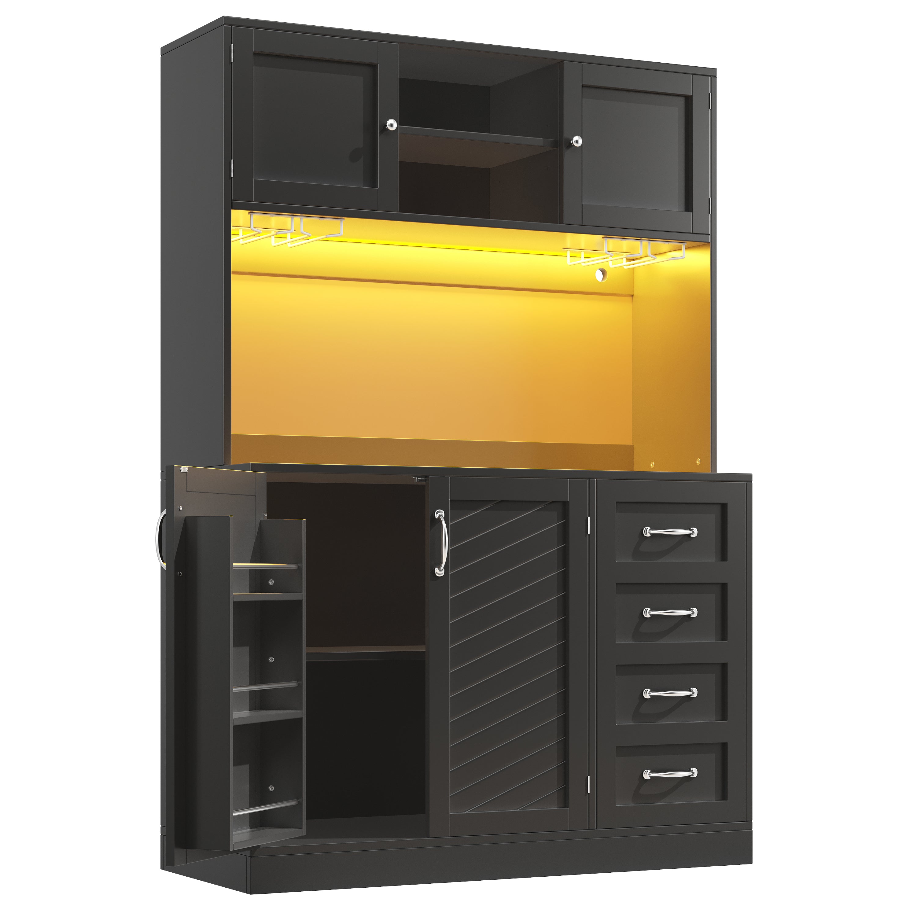 Sideboard Buffet Cabinet with LED Lighting and Snack Shelf, Green, Black and White
