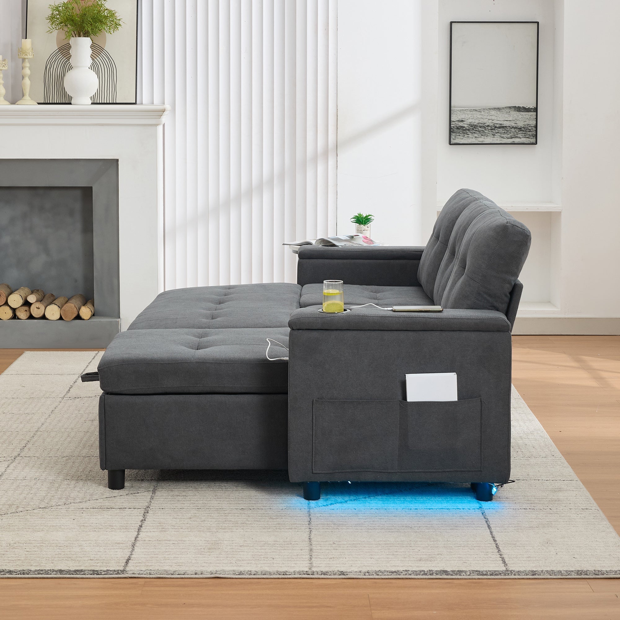 Treviso L-Shaped Sofa Bed with LED Lighting and Storage, Grey