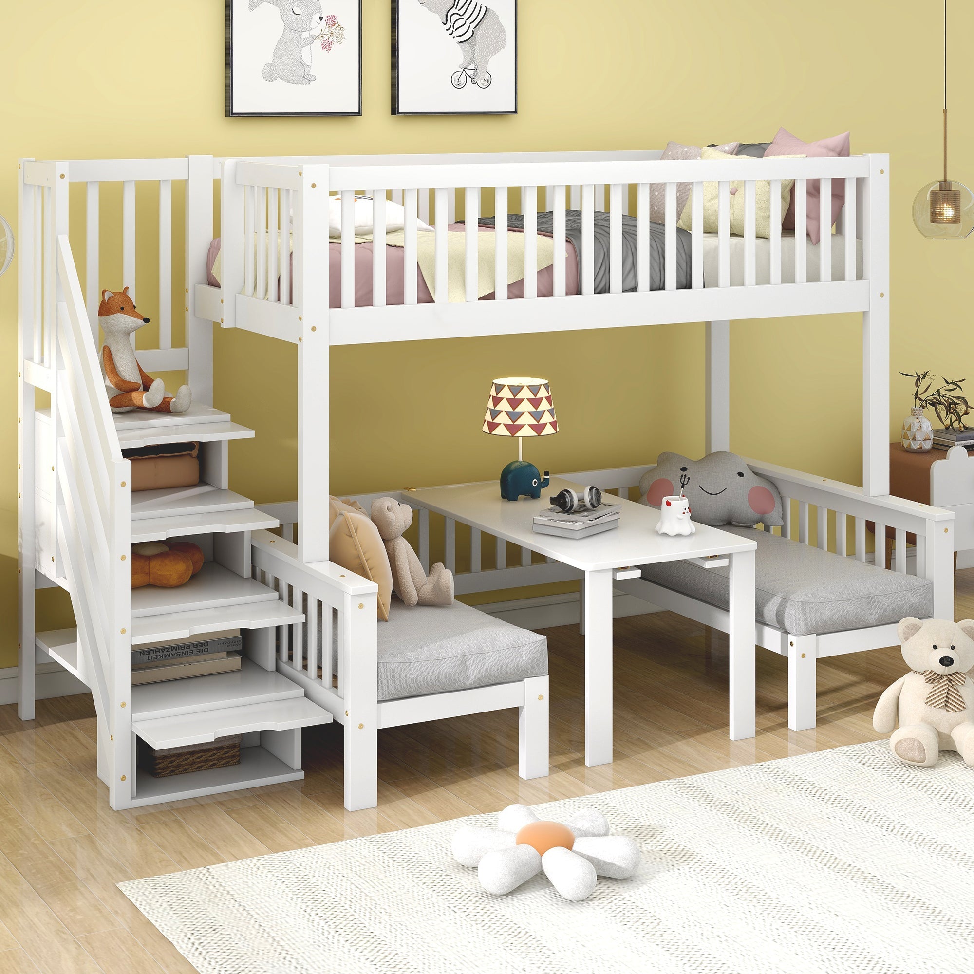 Bunk Bed, Multifunctional Height-Adjustable Table, Storage Ladder & Safety Railing, Pine + MDF + Plywood, White