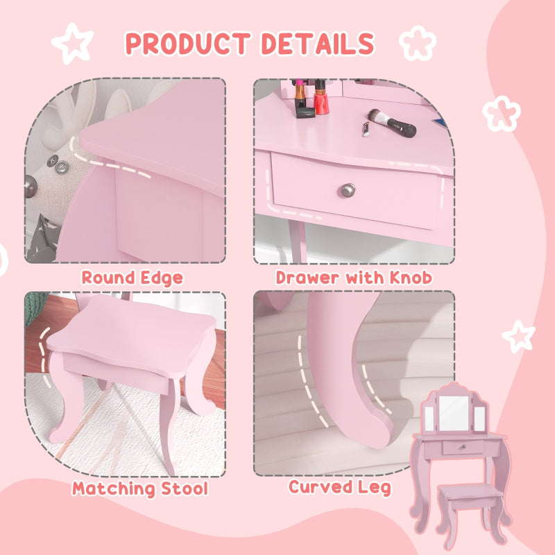 Kids Vanity Table and Chair Set with Tri-Folding Mirror, Stool, and Drawer, Pink