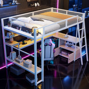 Metal Gaming Loft Bed with Integrated Workspace and LED Lighting, White