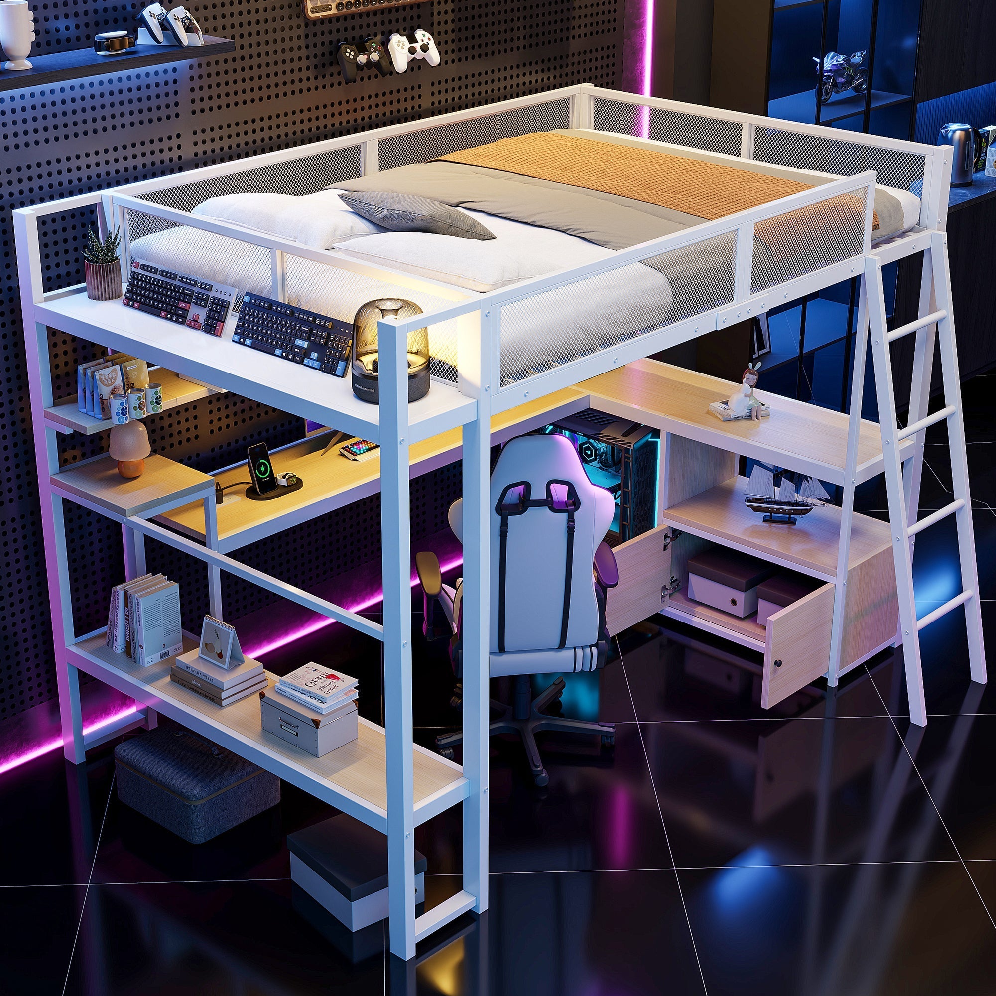 Metal Gaming Loft Bed with Integrated Workspace and LED Lighting, White