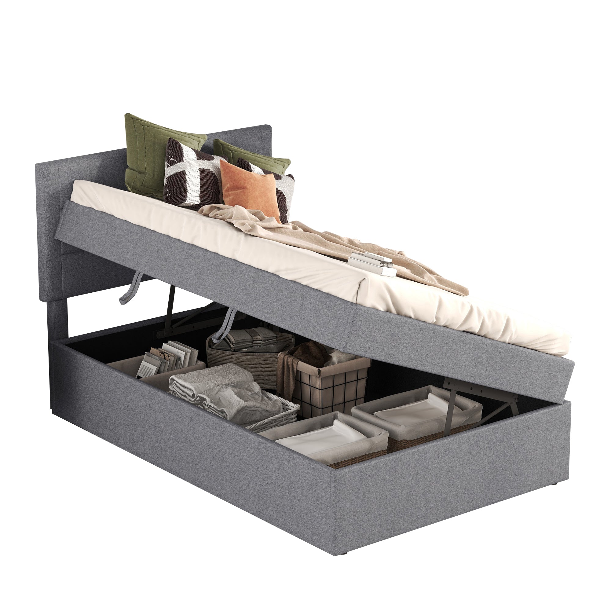 Upholstered Single Bed 90x200cm Large Storage Metal Slatted Base - Grey