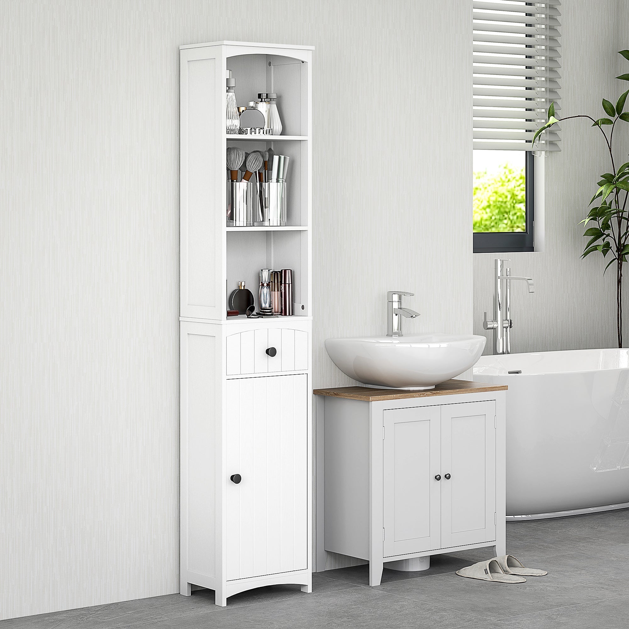 Badezimmerschrank, hoch mit 3 Ablagen, 1 Schublade, weiß
